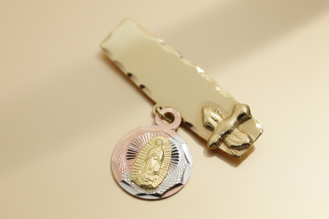Broche de Oro Blanco, Amarilo y Rosa de la Virgen de Guadalupe 