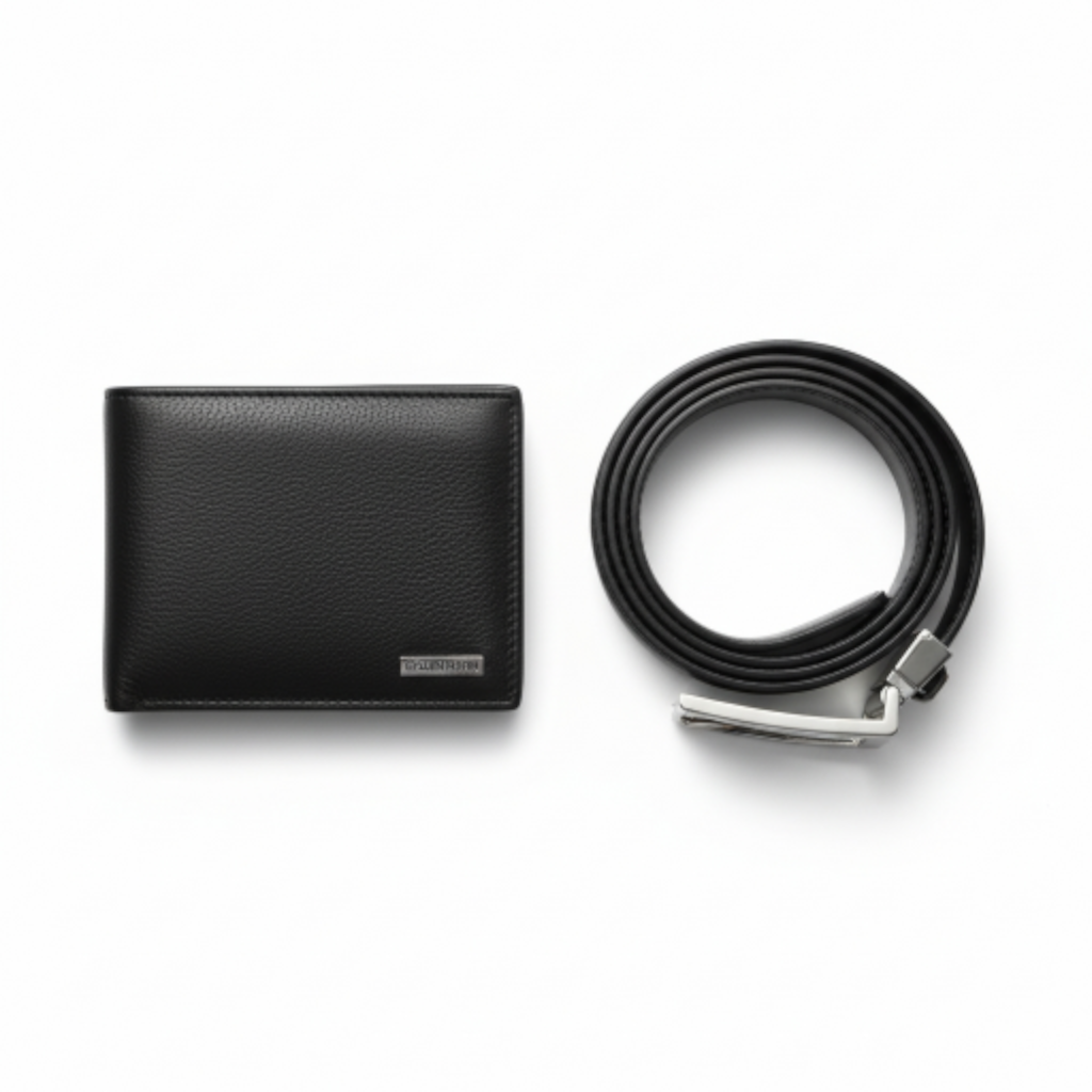 Men's Black Leather Wallet and Belt Set