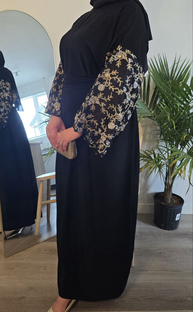 Elegant Black Abaya with Embroidered Sleeves