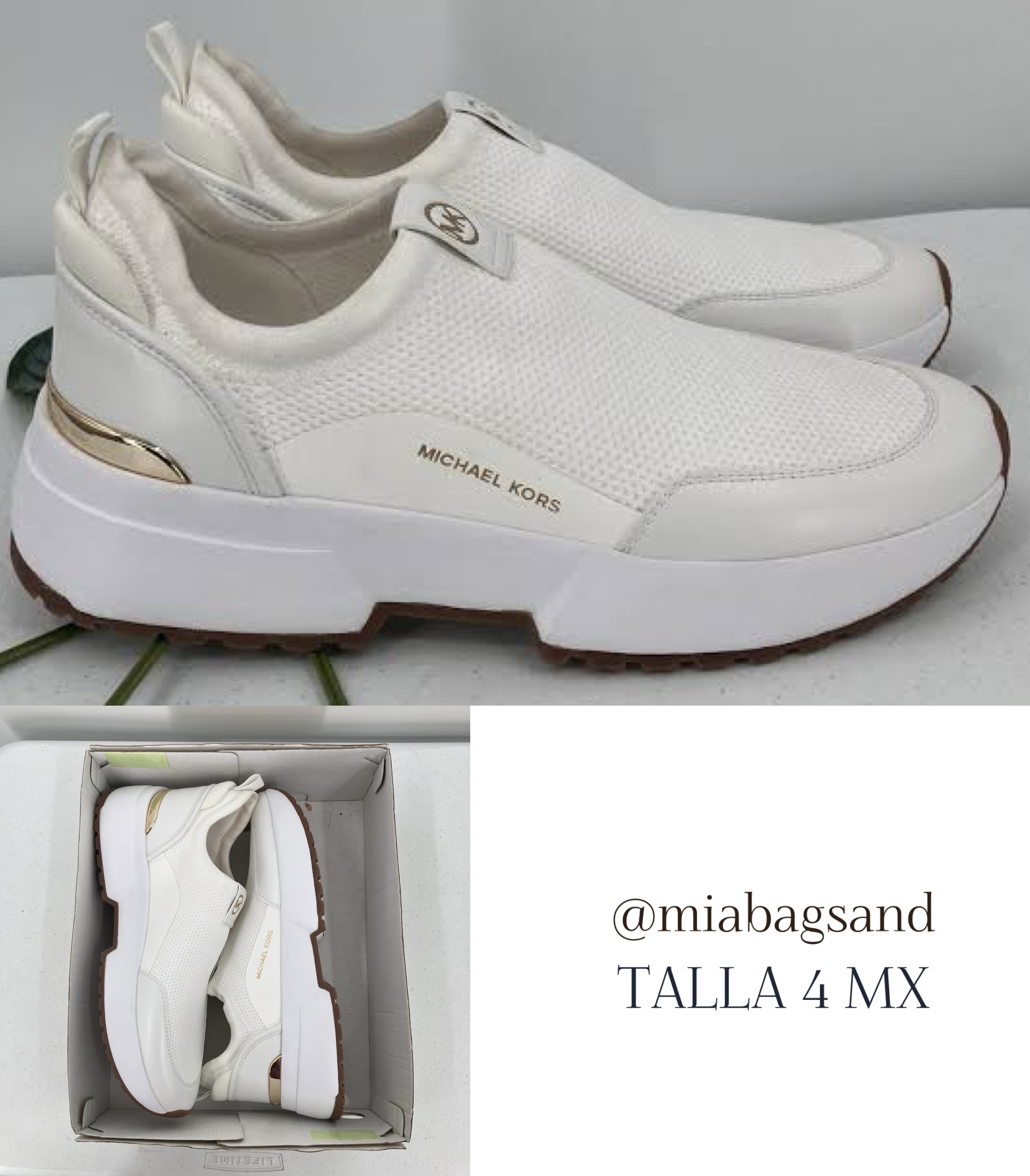 Tenis blancos de tela con detalles dorados