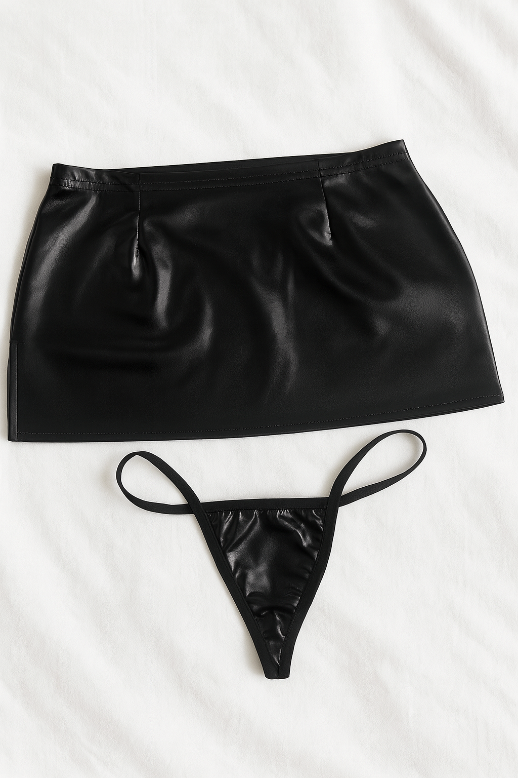 Black Faux Leather Mini Skirt & Thong Set