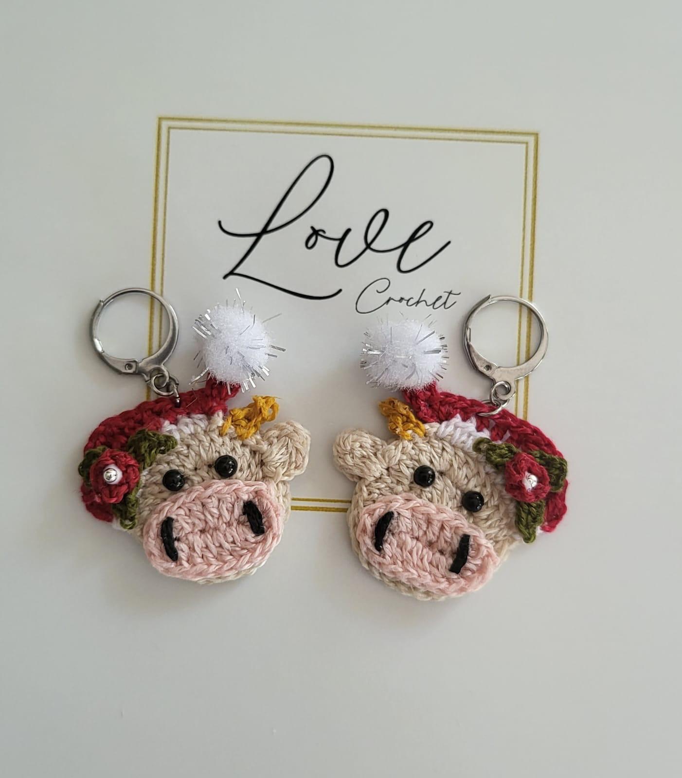 Handmade Crochet Christmas Cow Earrings