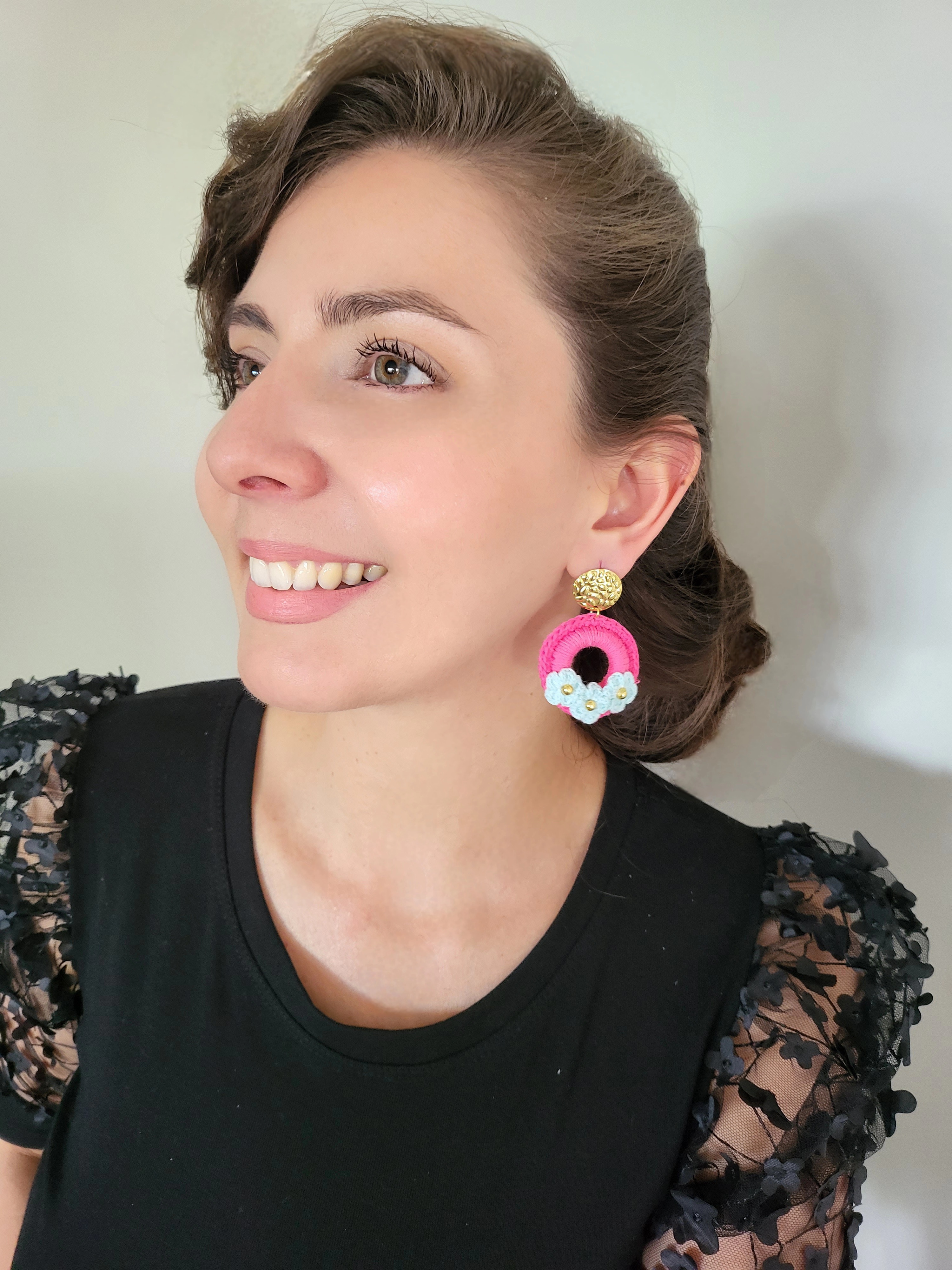 Handmade Circular Crochet Earrings with Flowers