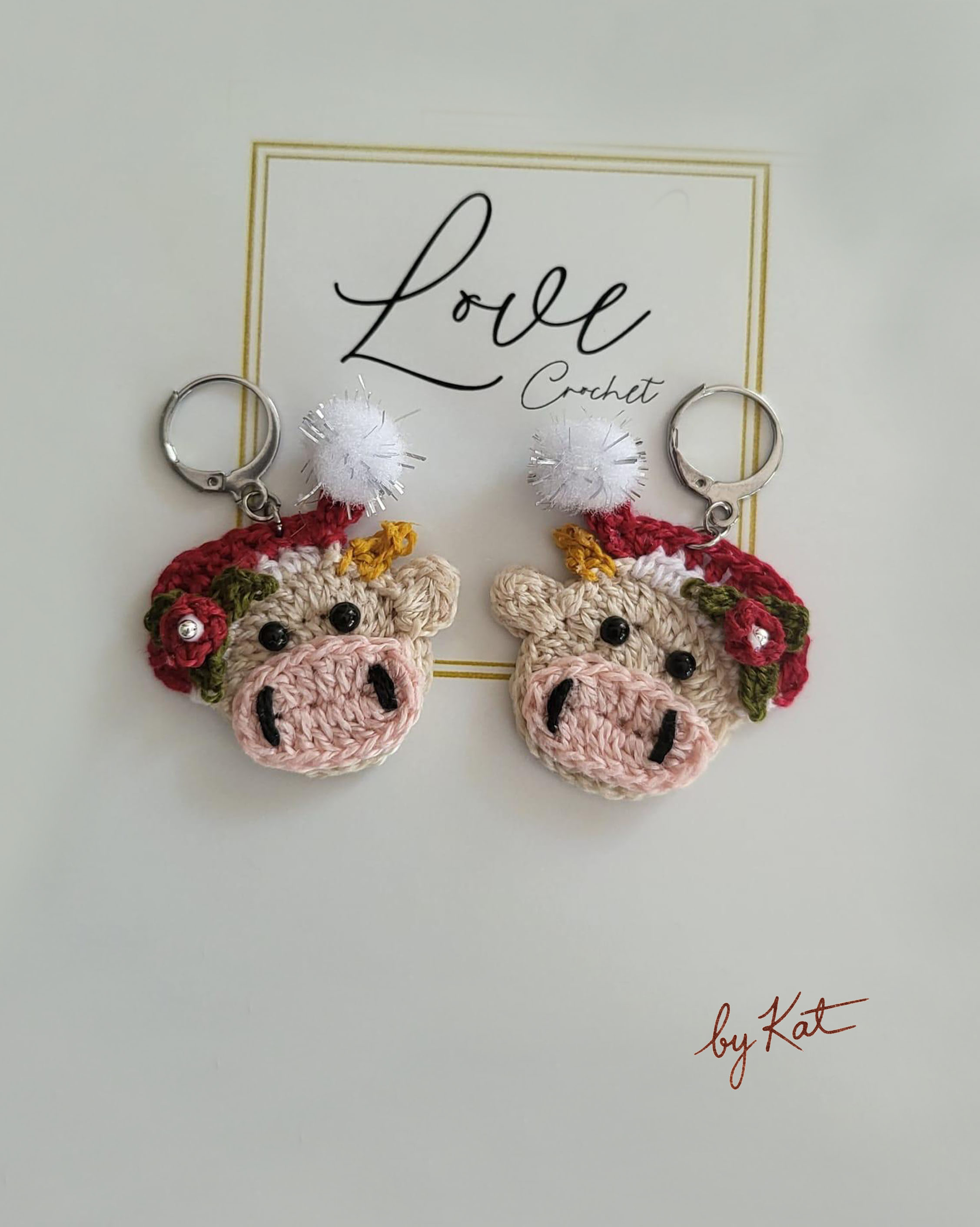 Handmade Crochet Christmas Cow Earrings