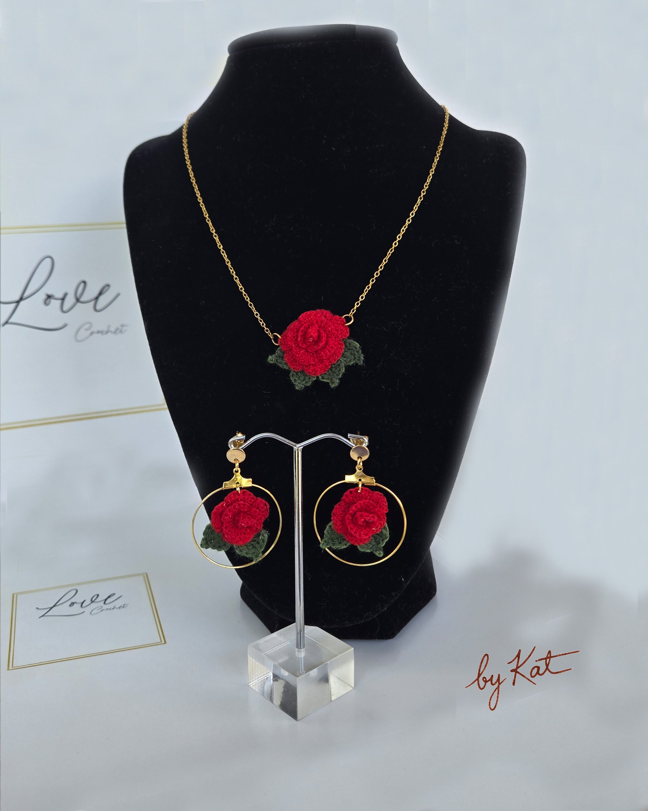 Handcrafted Crochet Red Rose Jewellery Set