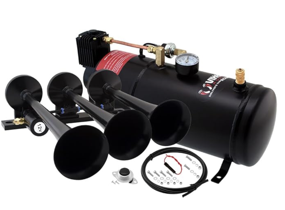 3 In-Line Trumpets, Train Horn Kit, Complete Onboard System- 150psi Air Compressor, 1 Gallon Tank