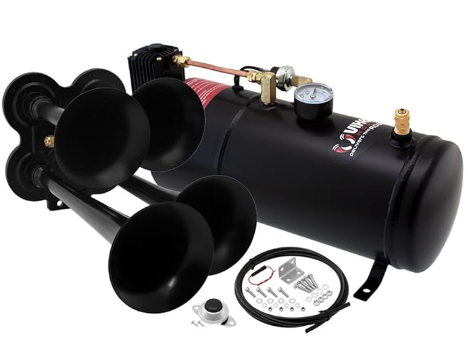  4 Stacked Trumpets, Train Horn Kit, Complete Onboard System- 150psi Air Compressor, 1 Gallon Tank
