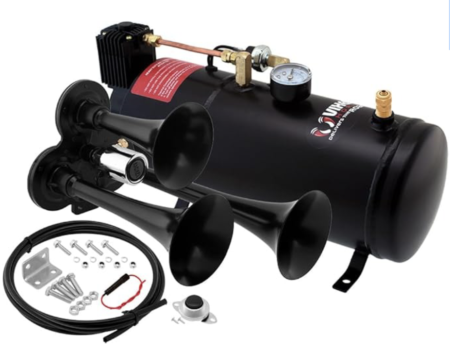 3 Stacked Trumpets, Train Horn Kit, Complete Onboard System- 150psi Air Compressor, 1 Gallon Tank