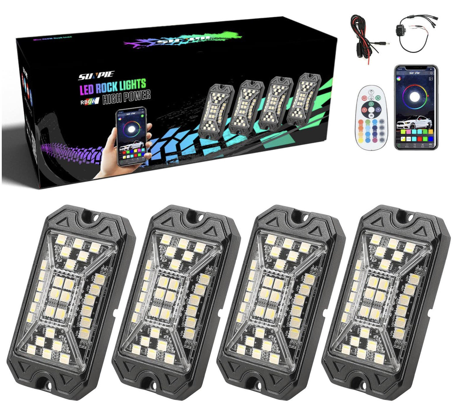 RGBW Rock Lights – Full Beam Angle, 30 High Power Chips, Aluminum Housing, Mounting Pads Included, IP67 Waterproof