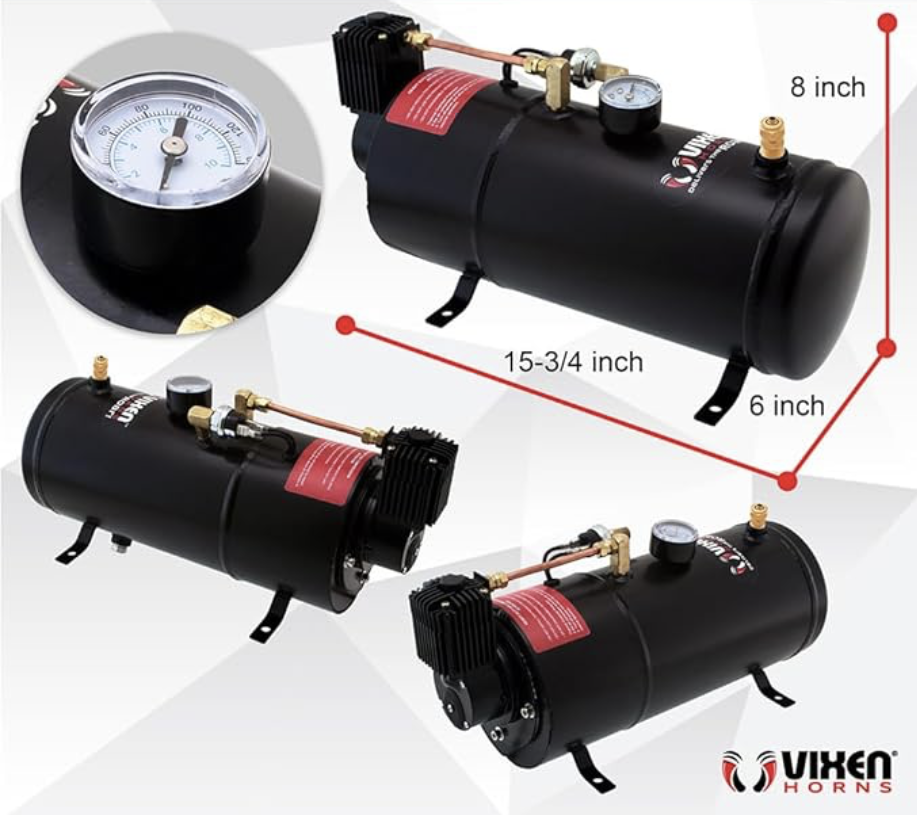  4 Stacked Trumpets, Train Horn Kit, Complete Onboard System- 150psi Air Compressor, 1 Gallon Tank