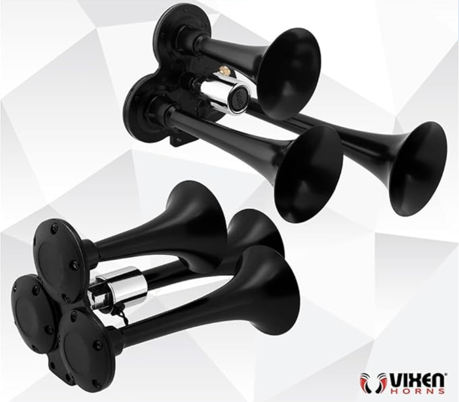 3 Stacked Trumpets, Train Horn Kit, Complete Onboard System- 150psi Air Compressor, 1 Gallon Tank