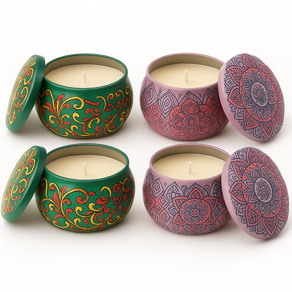 Hand-Painted Scented Mandala Tin Candles – Set of 4