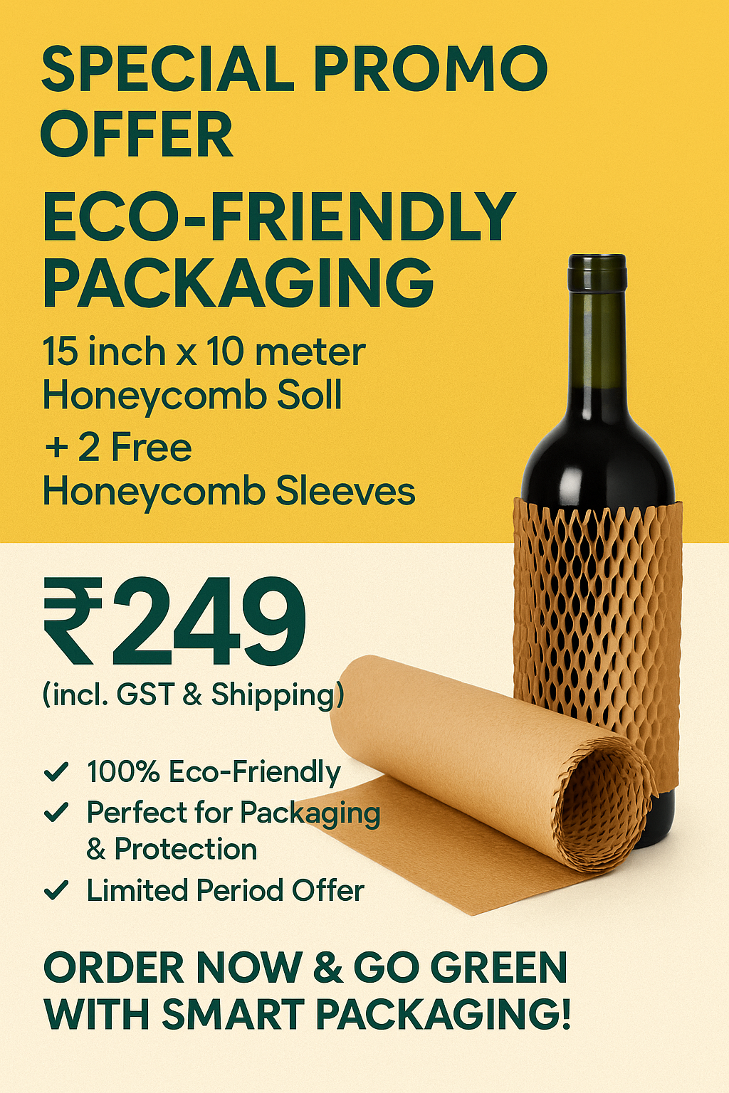 Eco-Friendly Honeycomb Roll 15 inch x 10 Meter + Free 2 Honeycomb Sleeves
