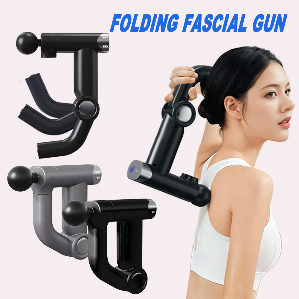 Portable Folding Massage Gun – 32-Speed Deep Tissue Percussion Fascia Massager with 4 Heads, Muscle Recovery Tool for Neck, Back, Legs & Full Body (Black/Gre