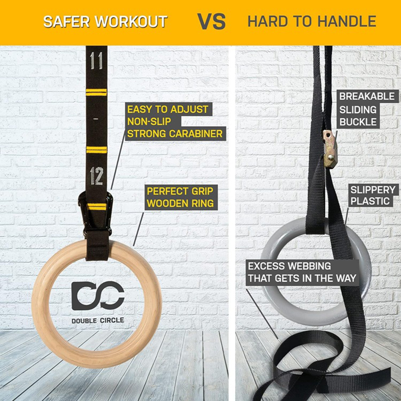 Wooden Gymnastics Rings with Adjustable Straps – Pull Up & Bodyweight Training Rings for Kids and Adults, Strength Training Equipment for Home Gym & Fitness