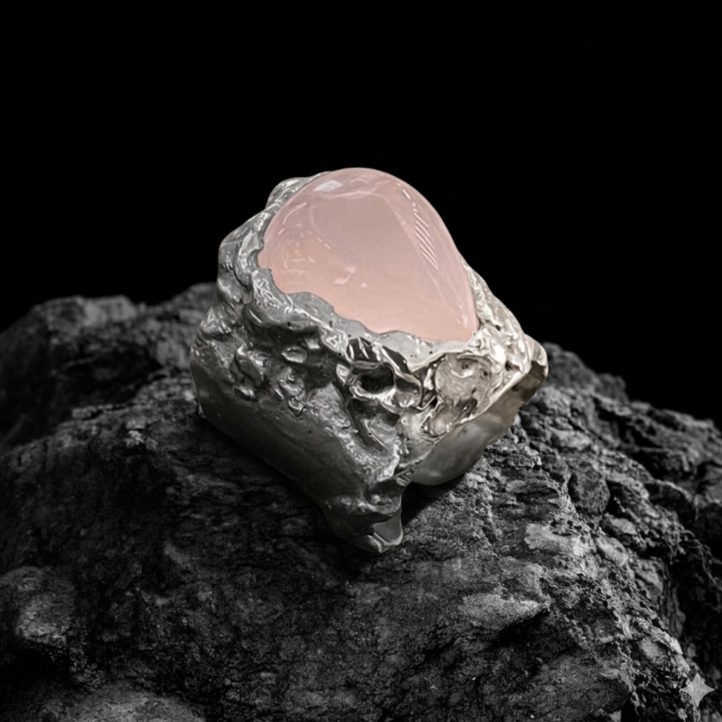 - RHODIA – Bague en quartz rose cabochon & argent