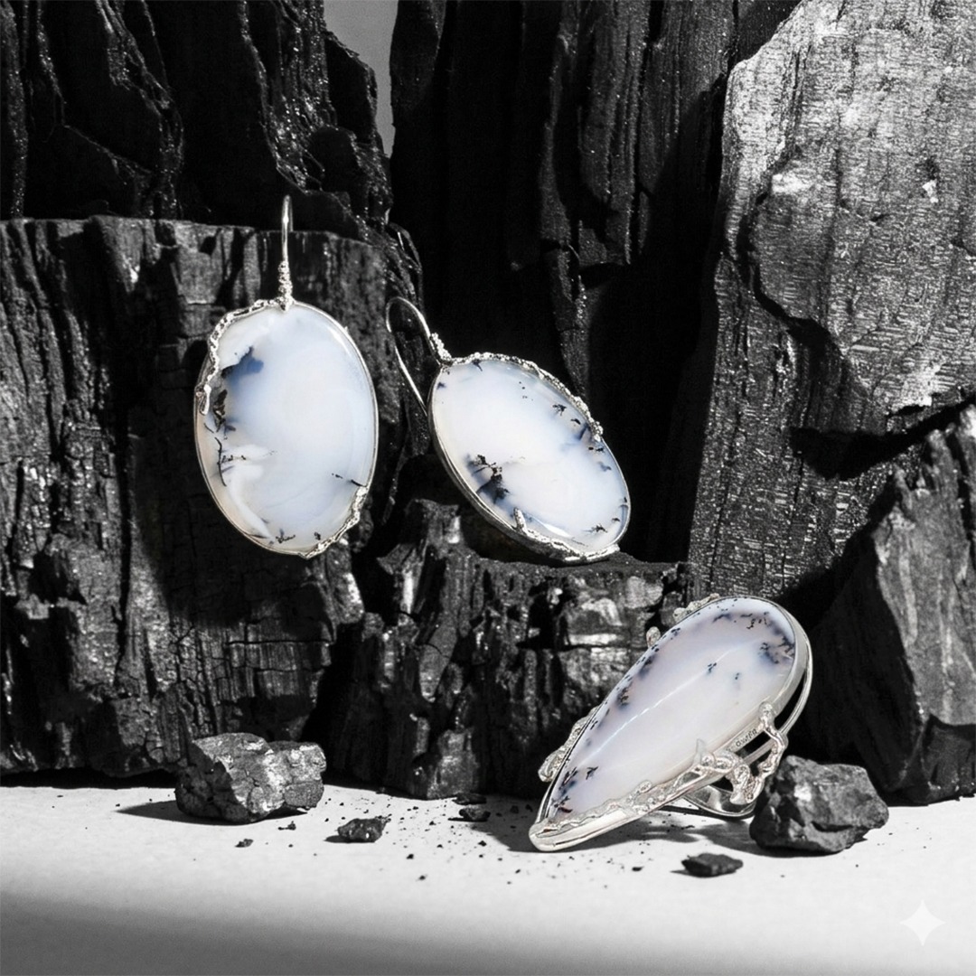 - DRÝAS - Parure en agate dendritique & argent