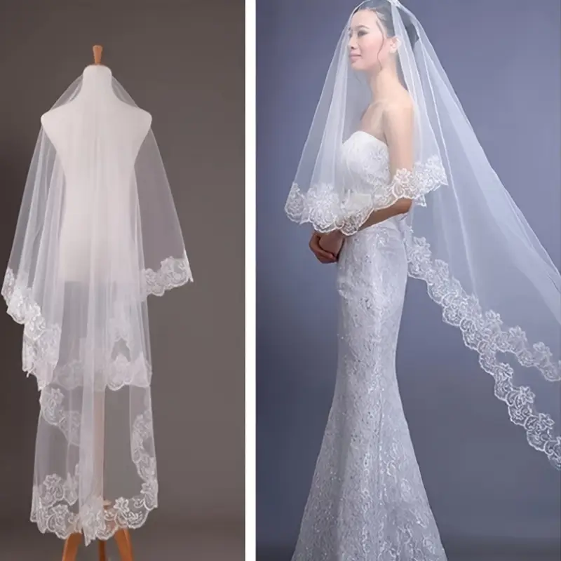 Elegant Single-Layer White Lace Bridal Veil