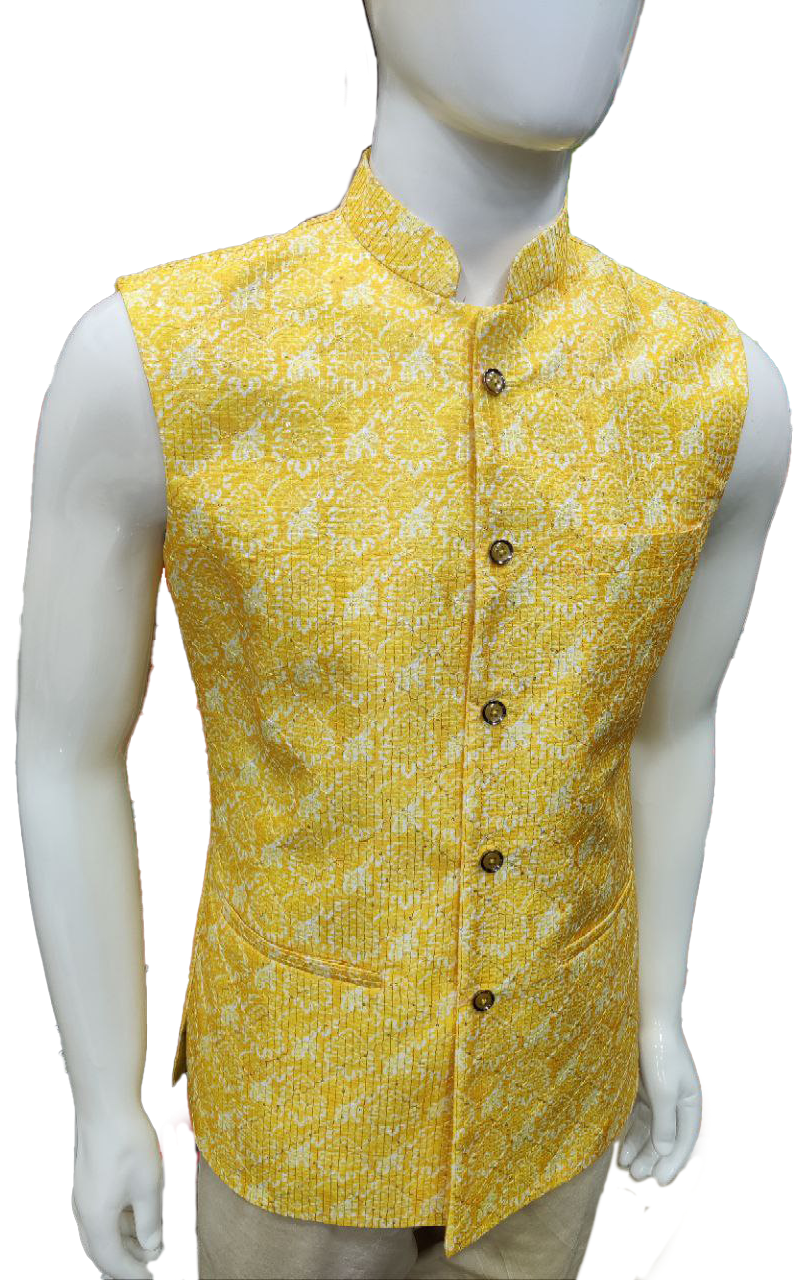Yellow Printed Nehru Jacket
