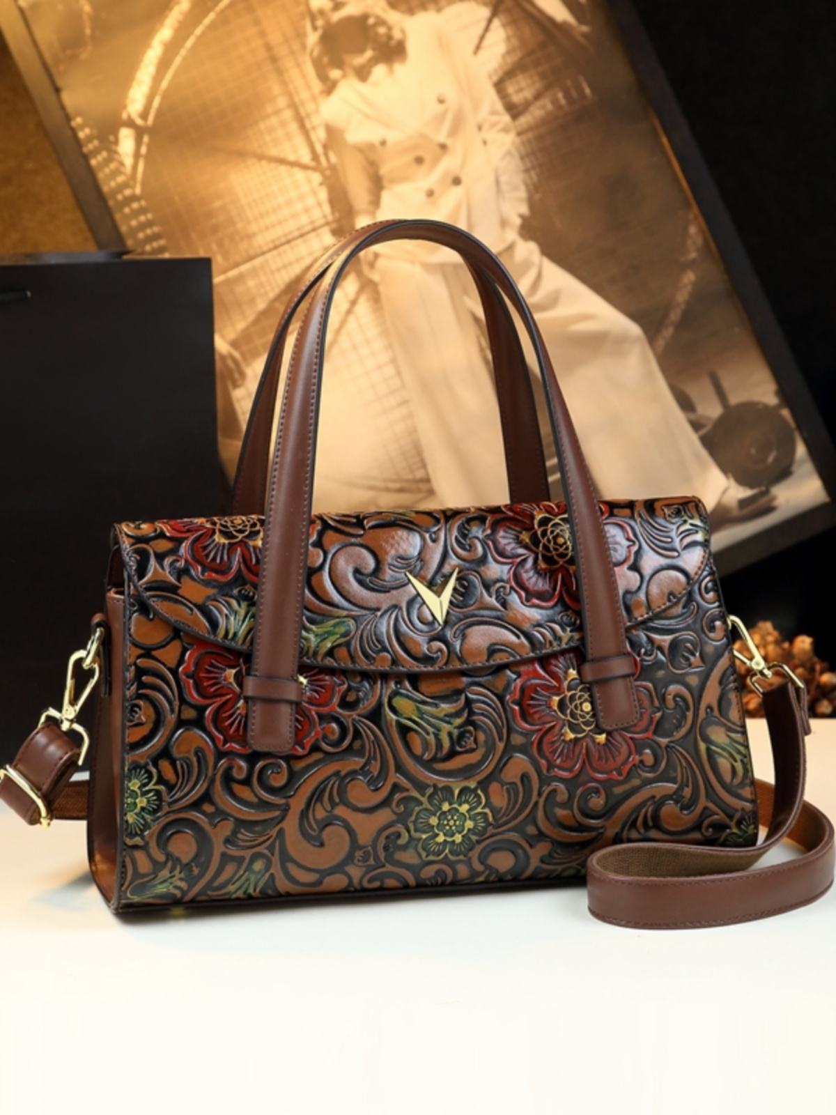 Handcrafted Floral Leather Tote Bag