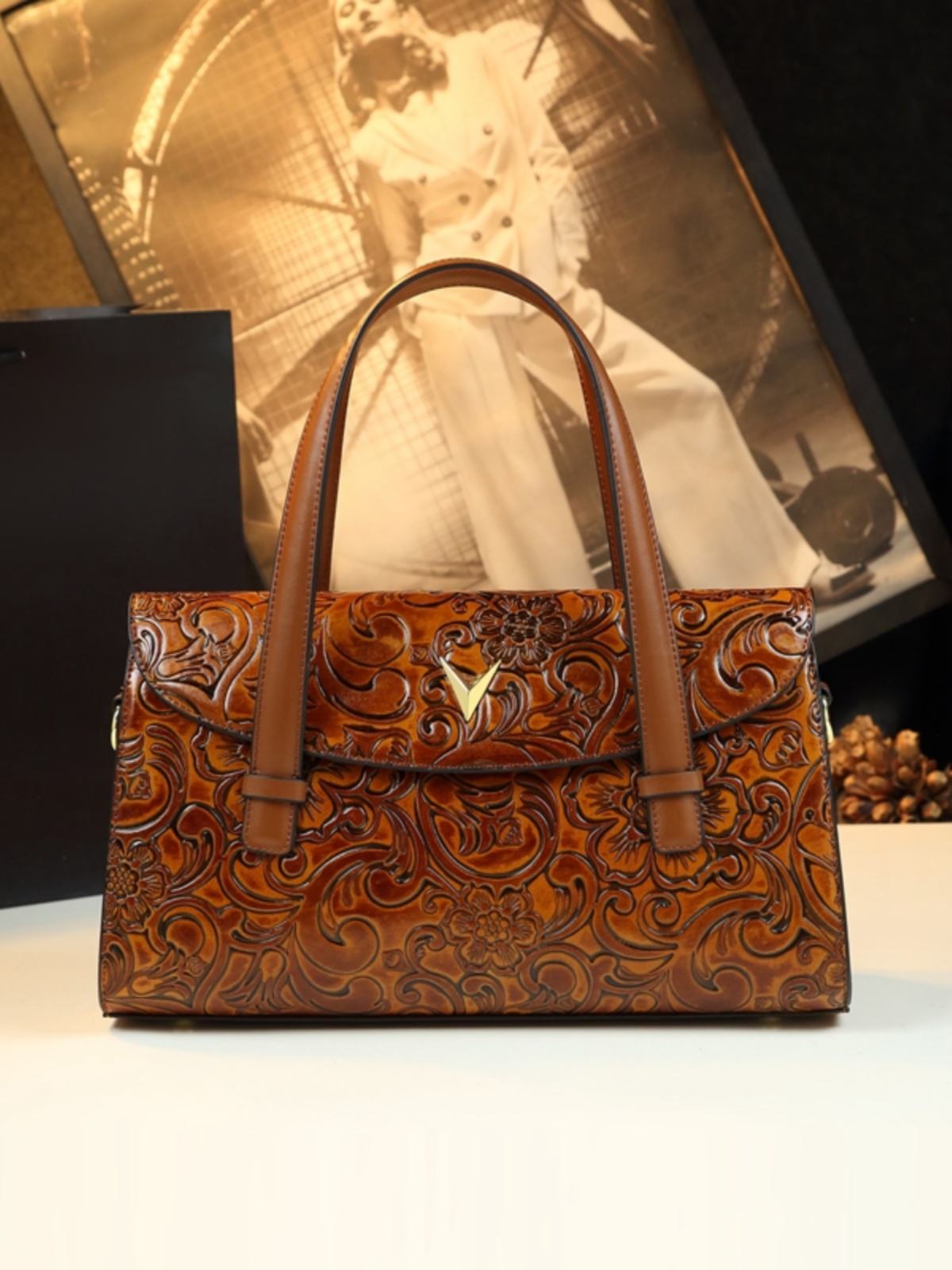 Handcrafted Floral Leather Tote Bag