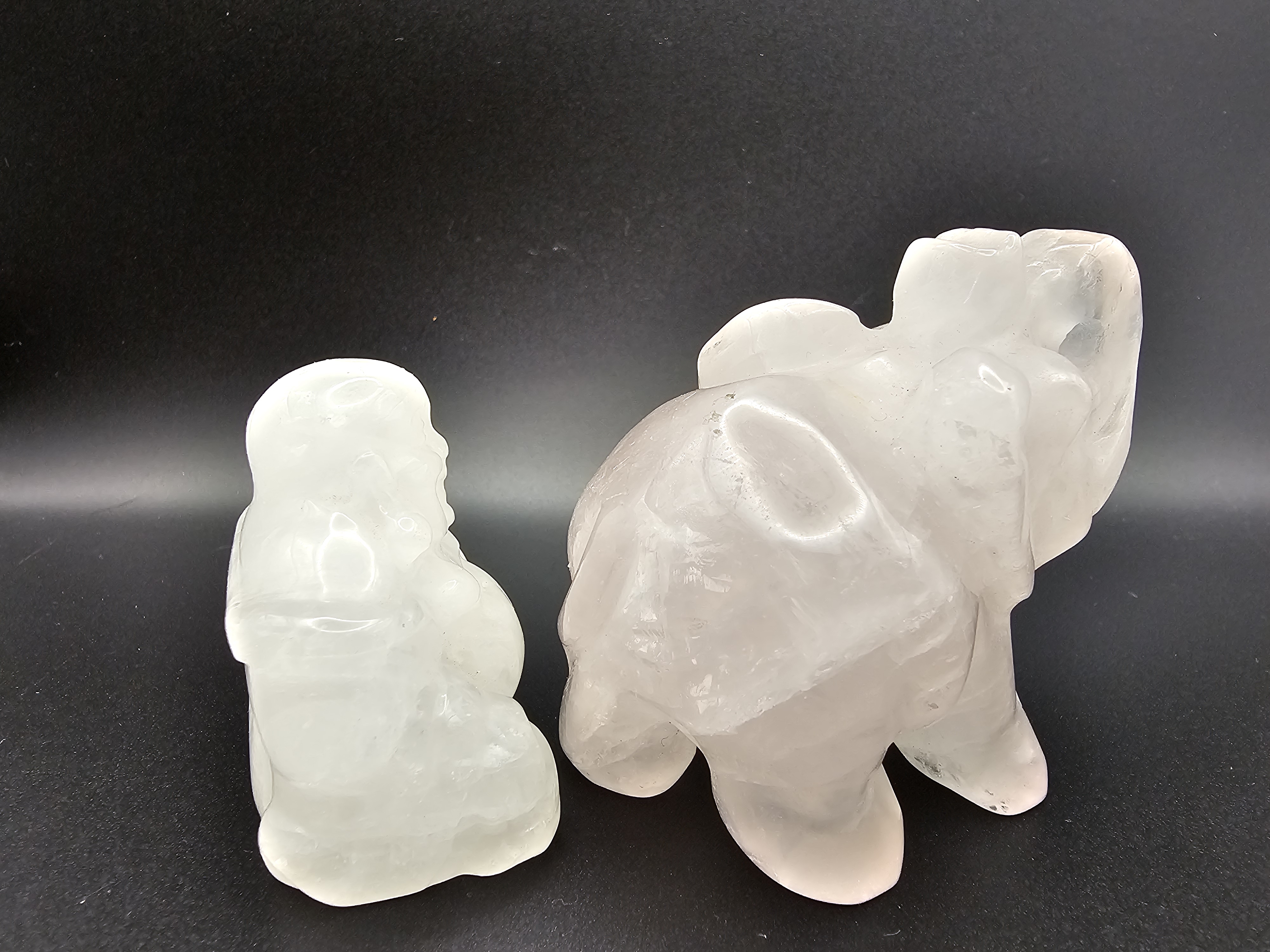Clear Quartz Happy Buddha and a Rose Quartz Elephant set.