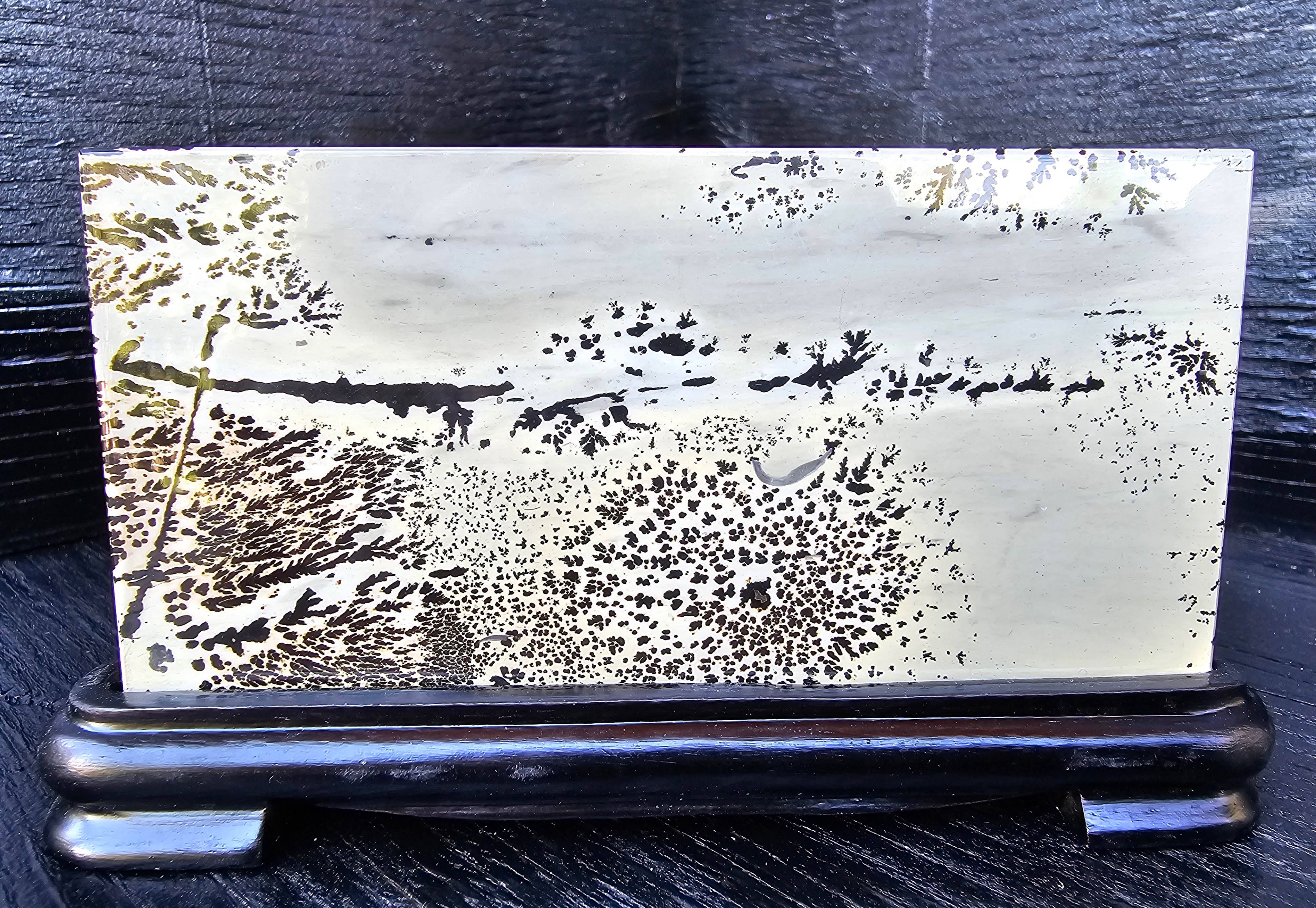 Polished Dendritic Stone Slab attached to solid wood base