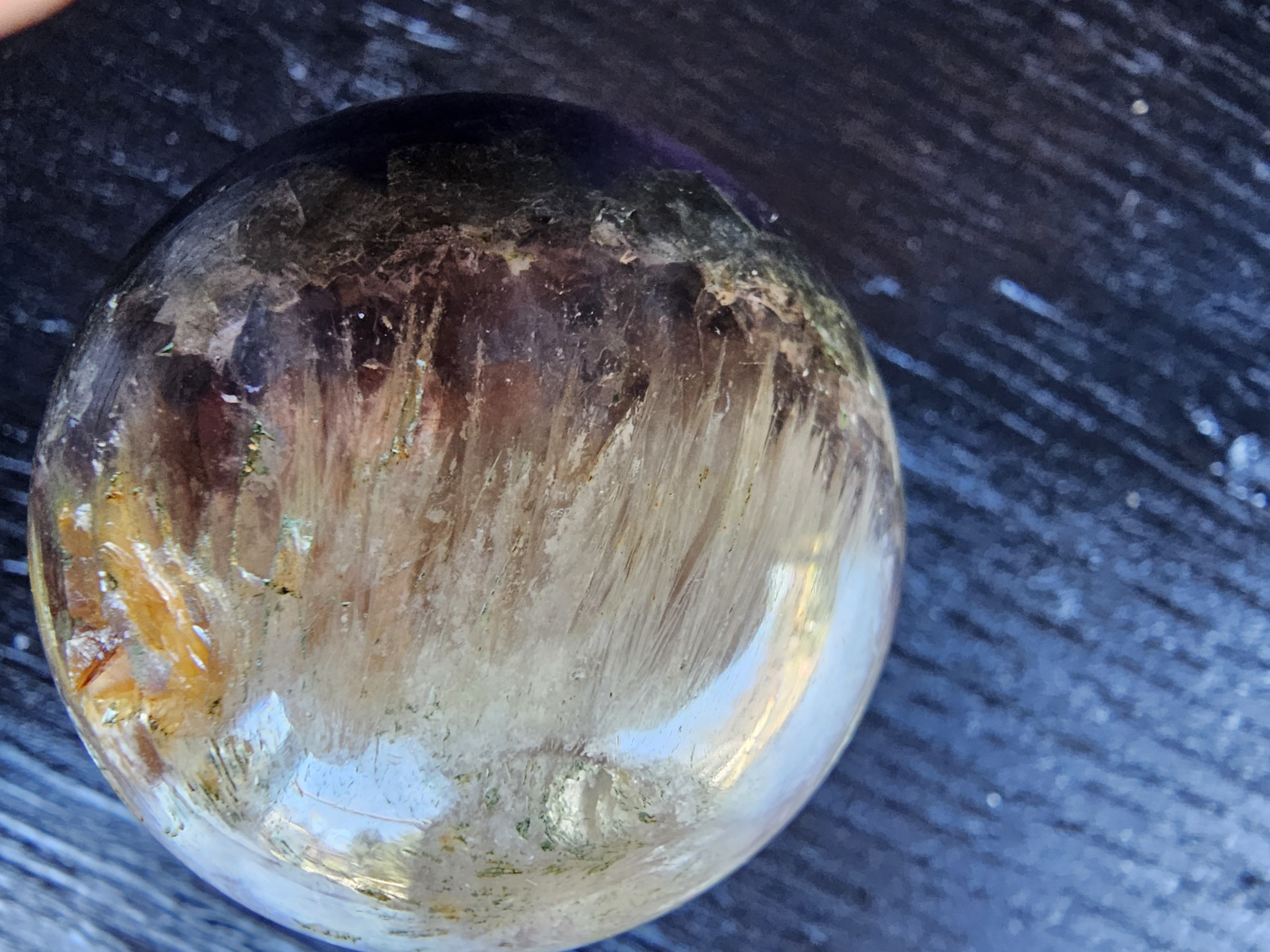 Rare Red rabbit hair, UV reactive blue fluorite, UV reactive pink calcite inclusions with cubic pyrite inclusion banding. 