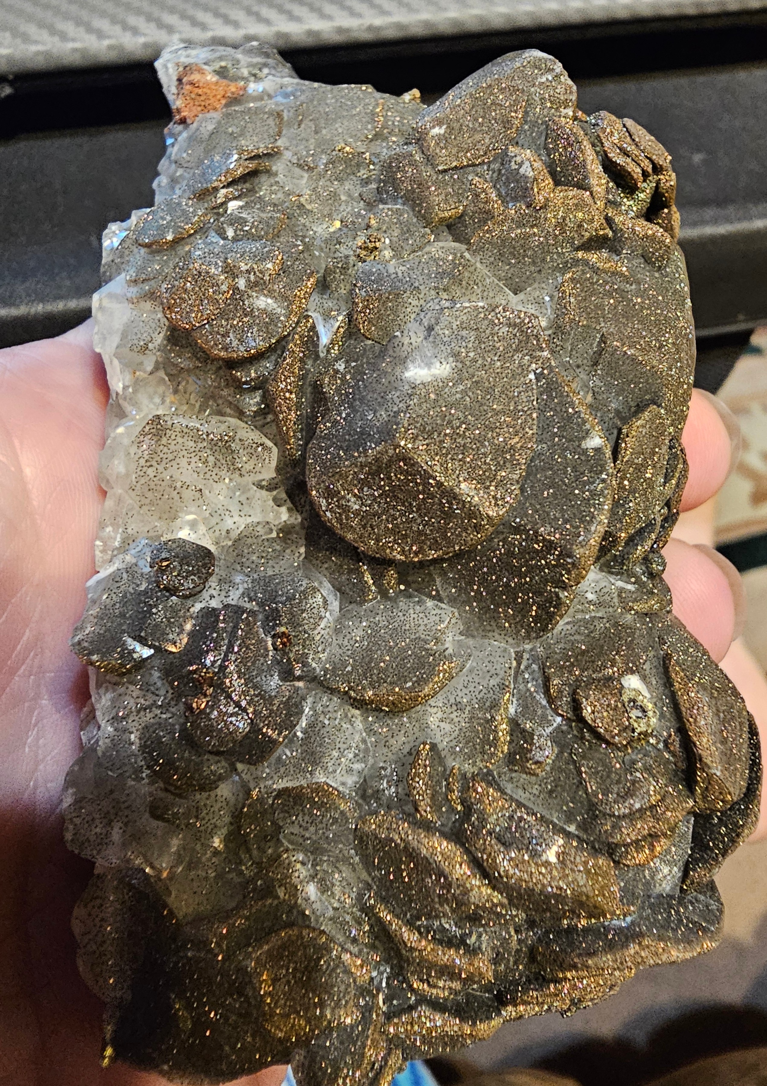 Unusual Bench Calcite with Pyrite, Chalcopyrite. 