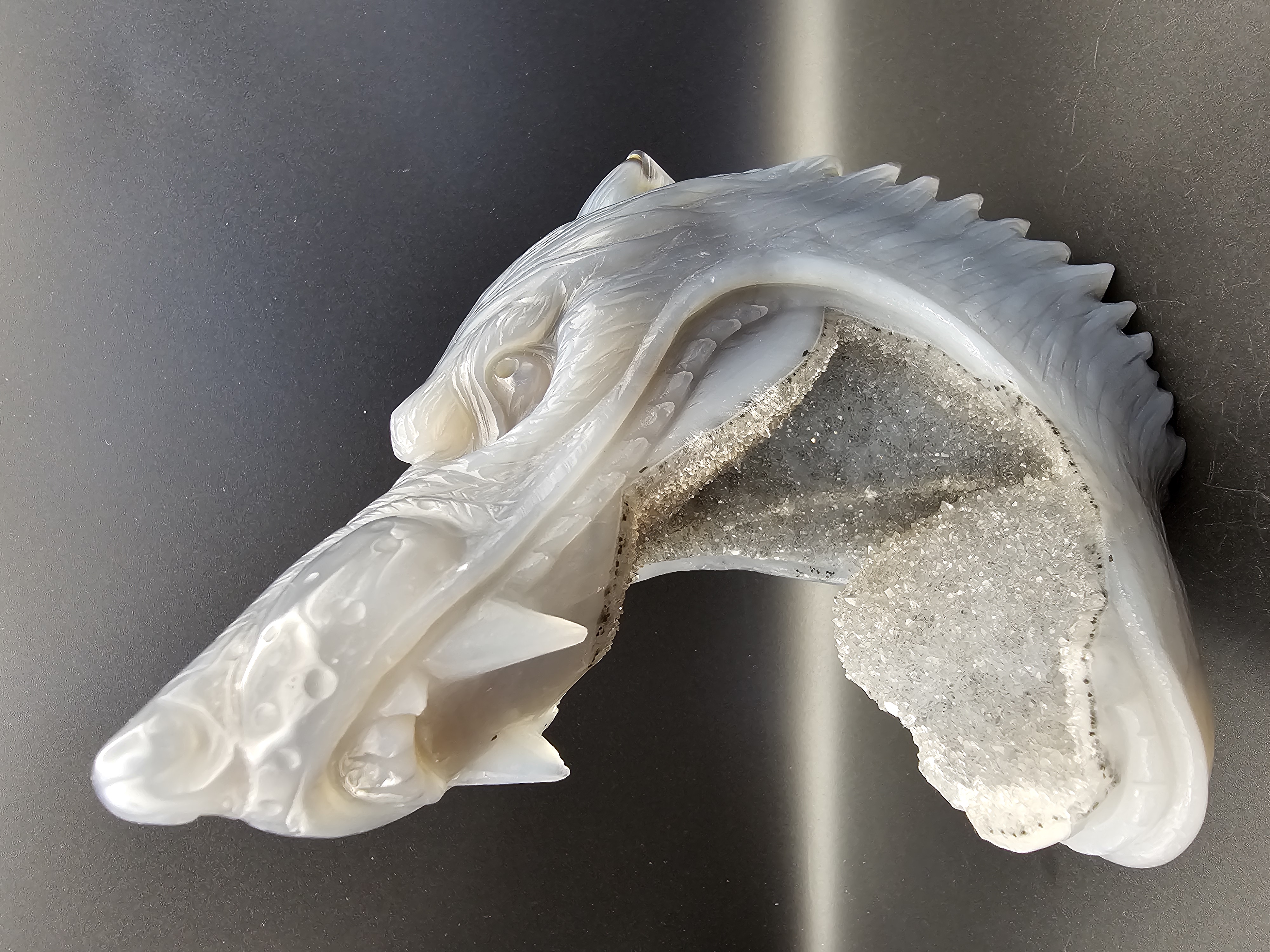 Large, Custom, Hand Carved, Solid Agate Crystal Wolf Head With Quartz Drusy Mouth 