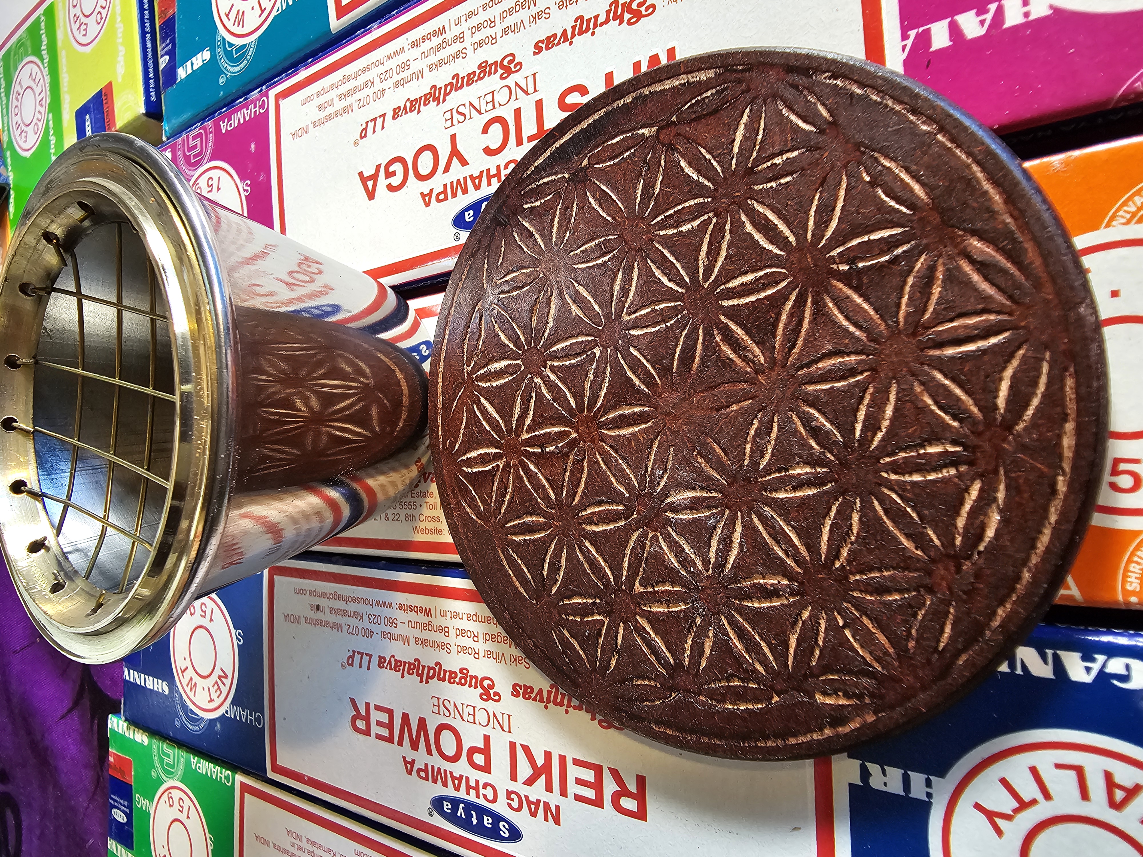 Brass and Steel Incense Burner with Decorative Wooden Coaster