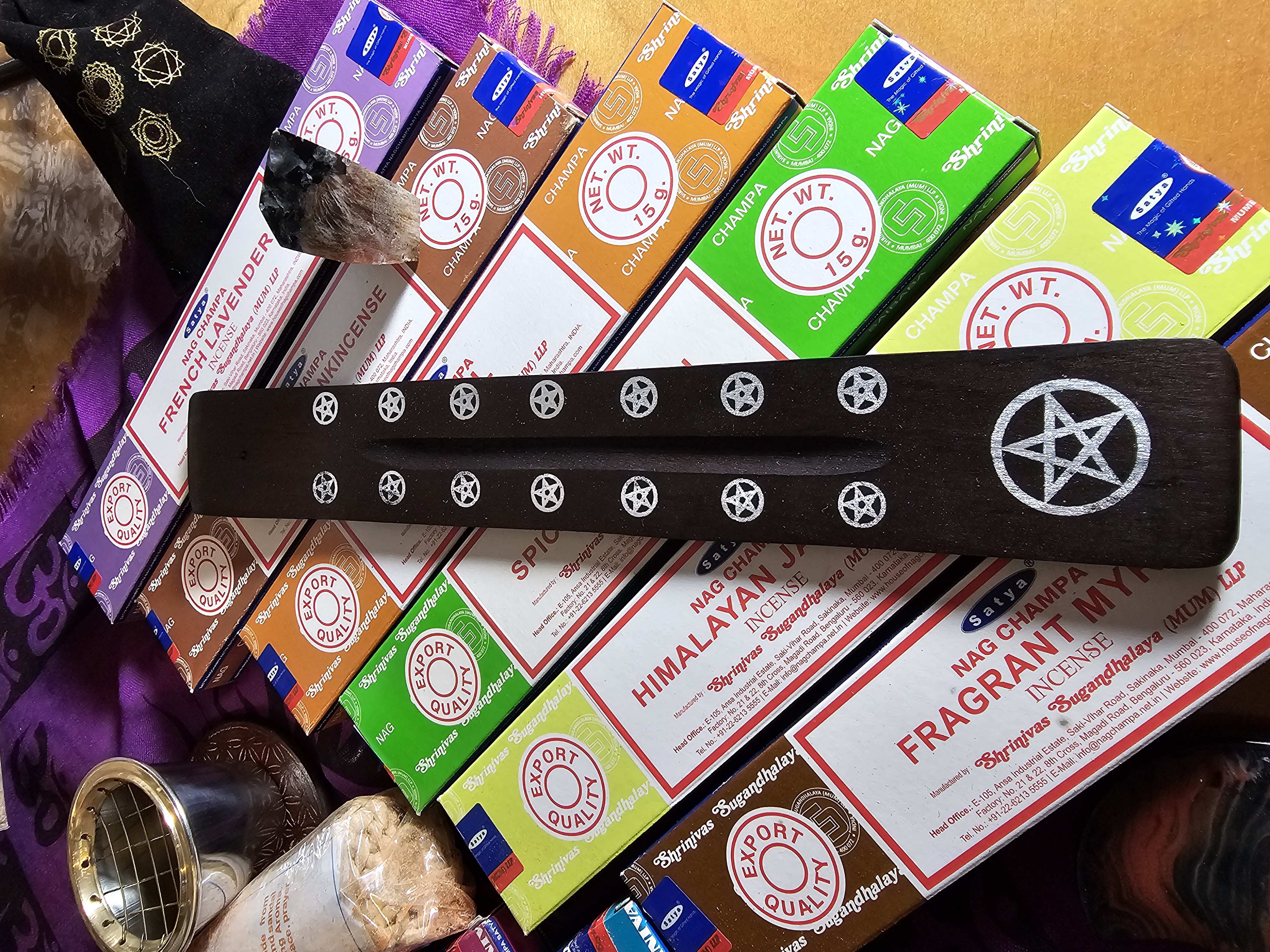 Star, painted, wooden boat style incense burner