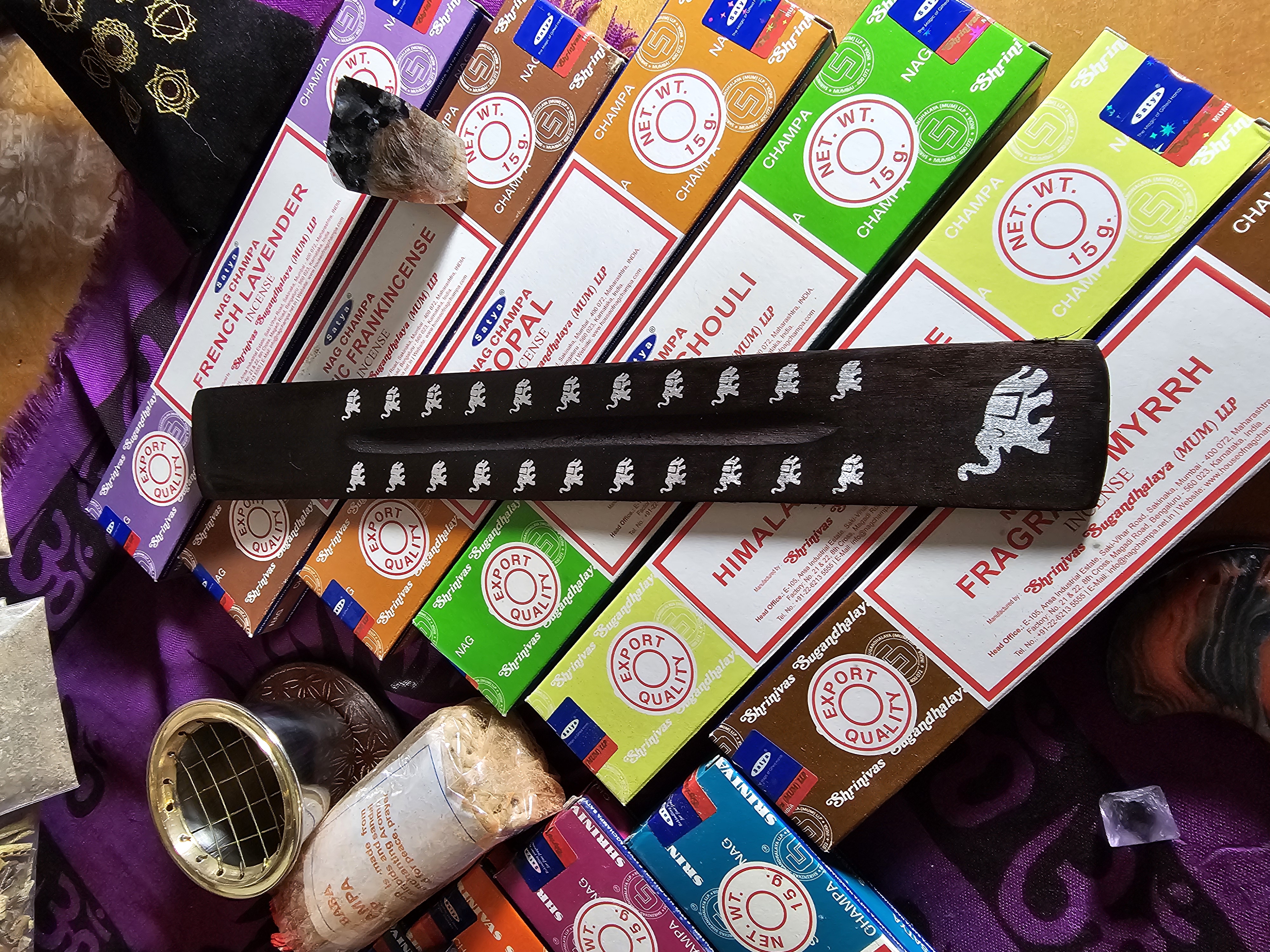 Elephant, painted, wooden boat style incense burner