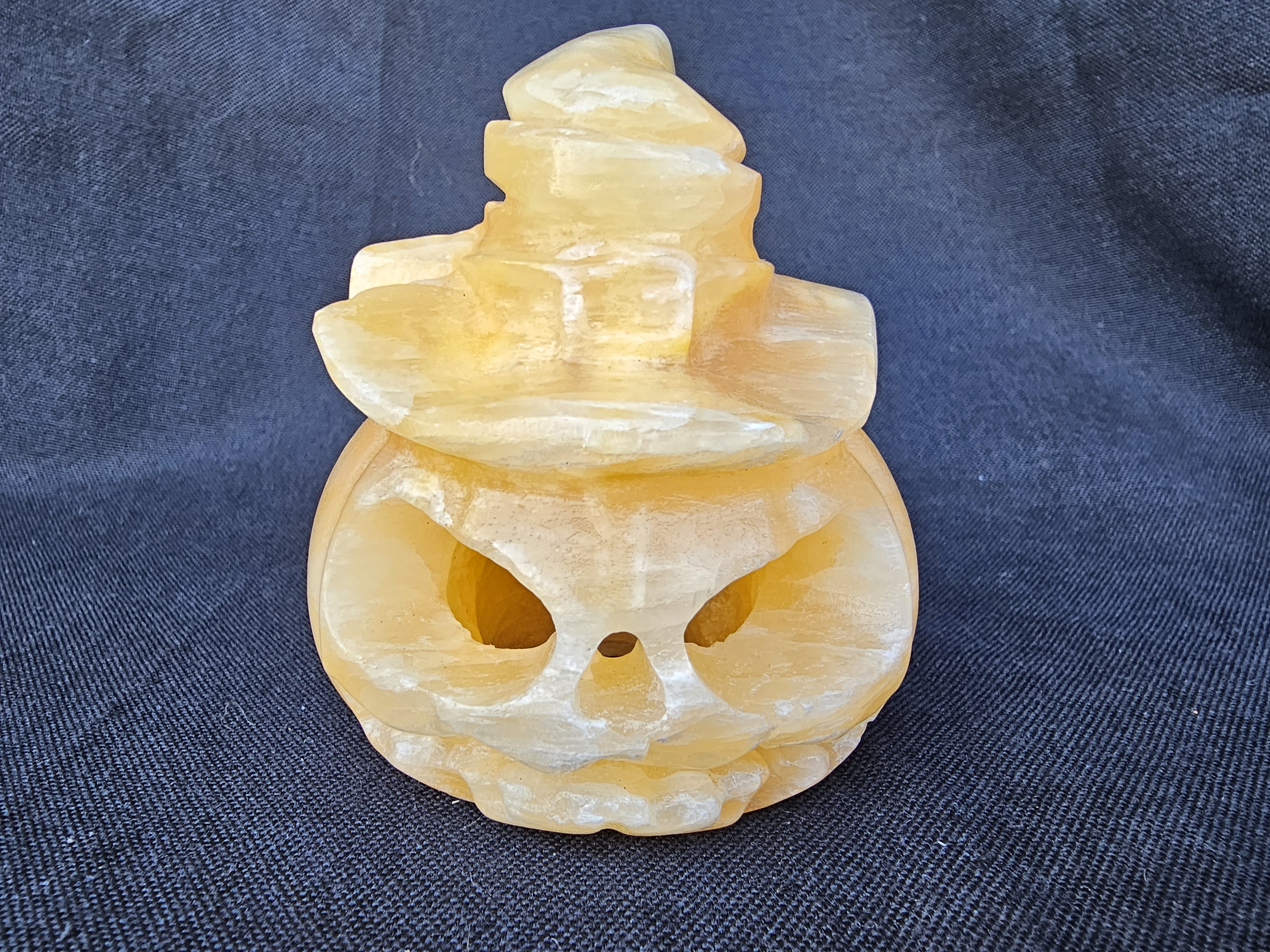Hand-Carved Orange Calcite Jack-O-Lantern 
