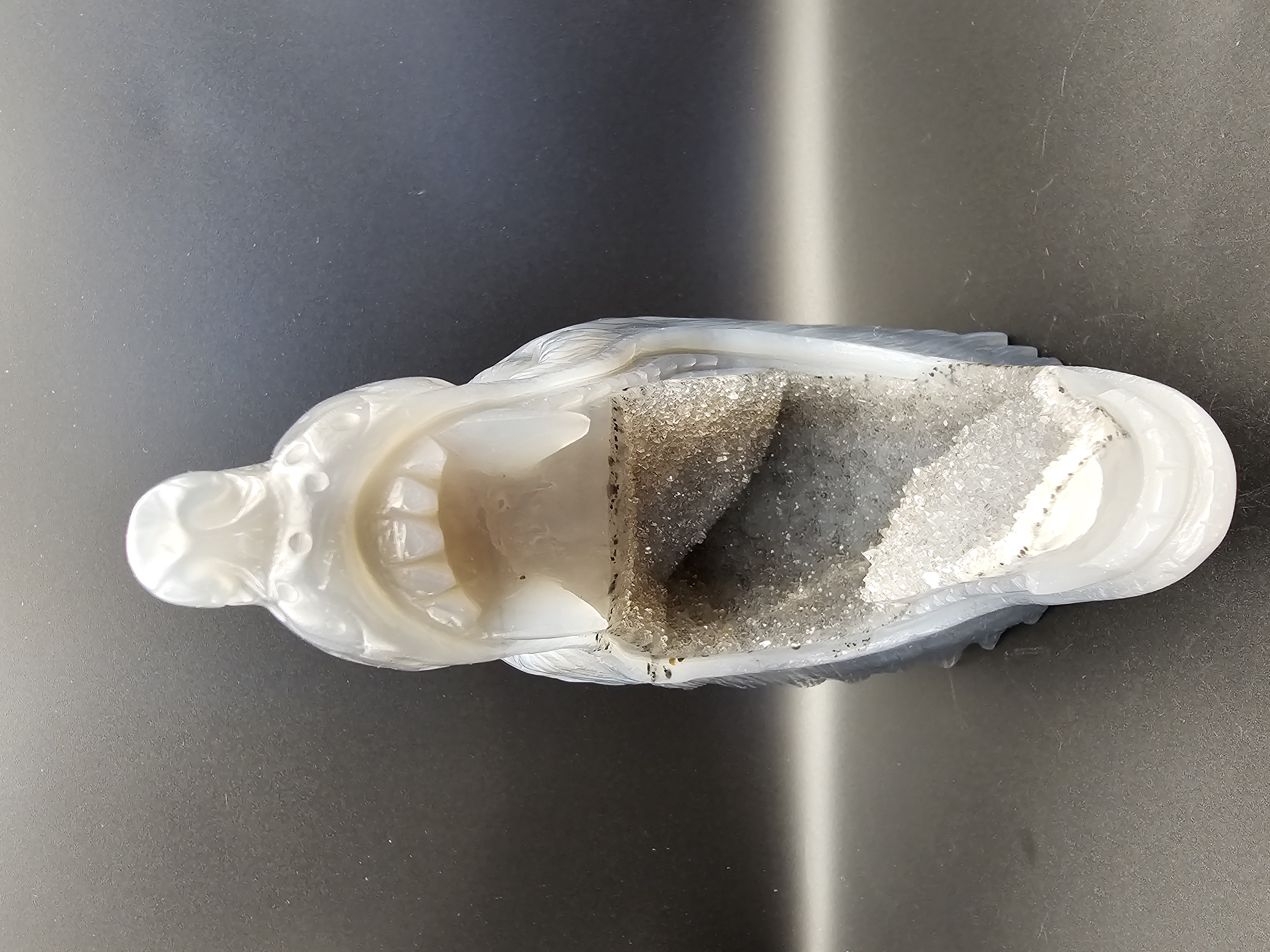 Large, Custom, Hand Carved, Solid Agate Crystal Wolf Head With Quartz Drusy Mouth 