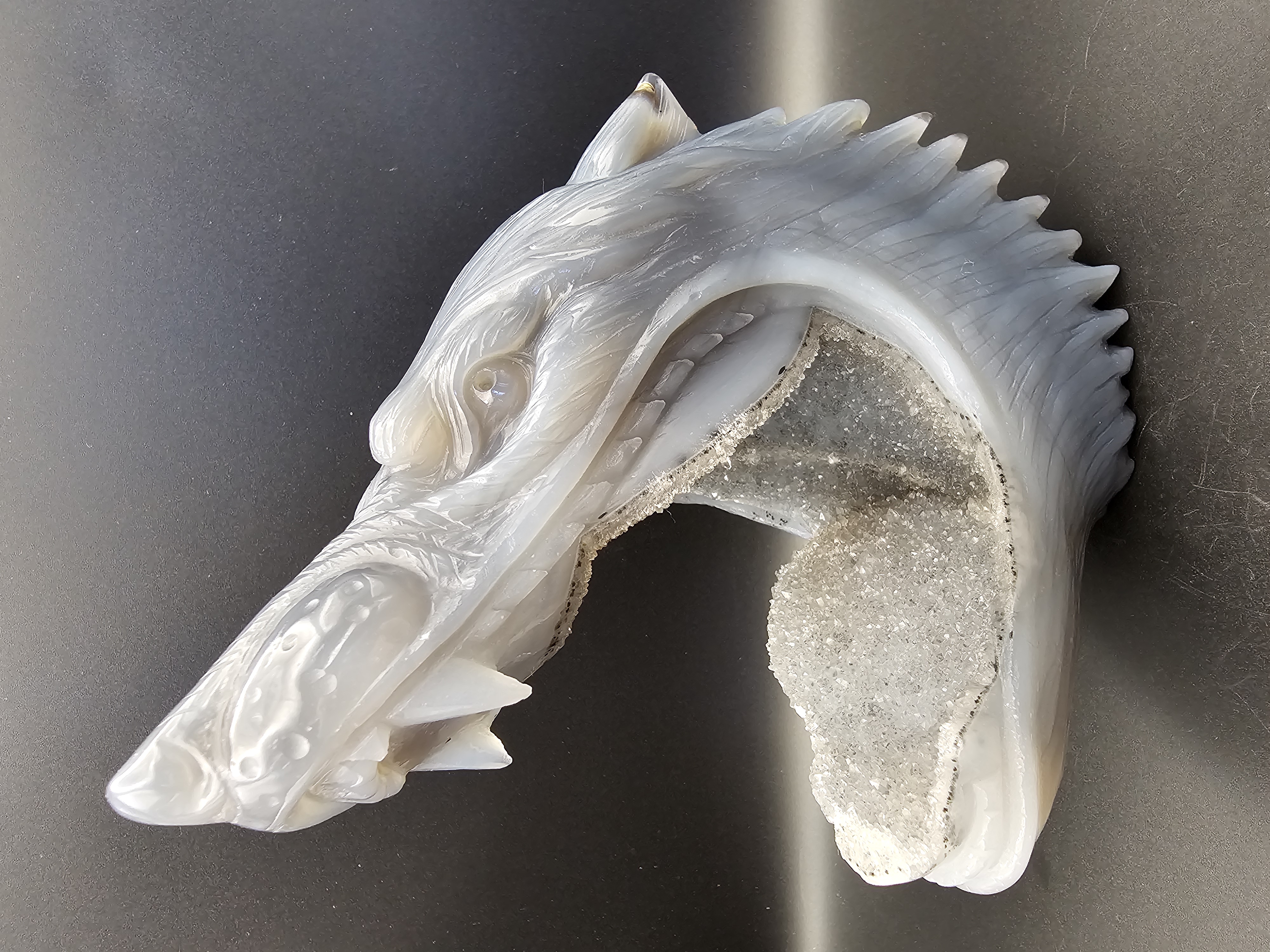 Large, Custom, Hand Carved, Solid Agate Crystal Wolf Head With Quartz Drusy Mouth 