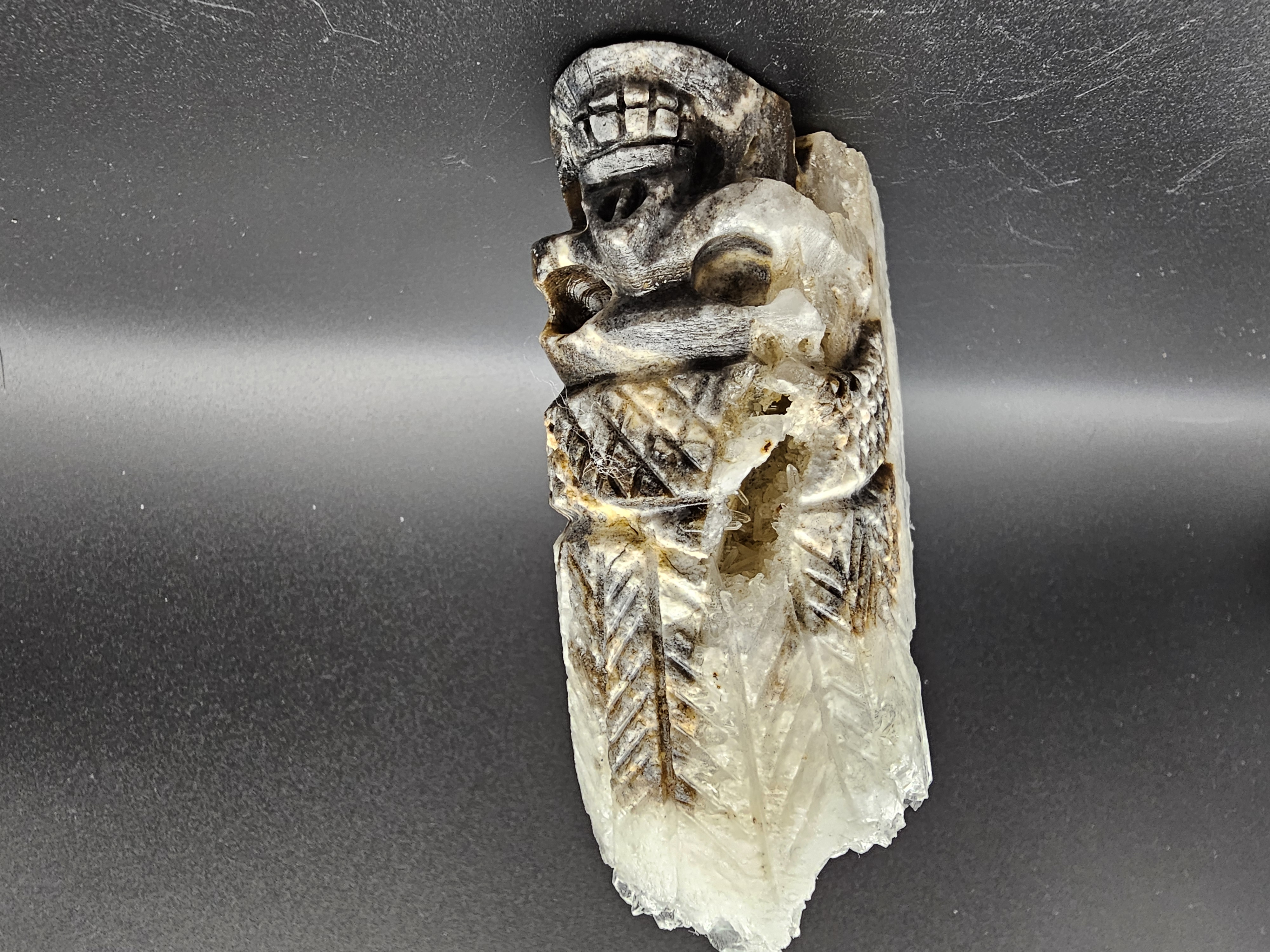 Absolutely Stunning Garden Quartz Carving with a Raw Quartz Point Native American Headdress!