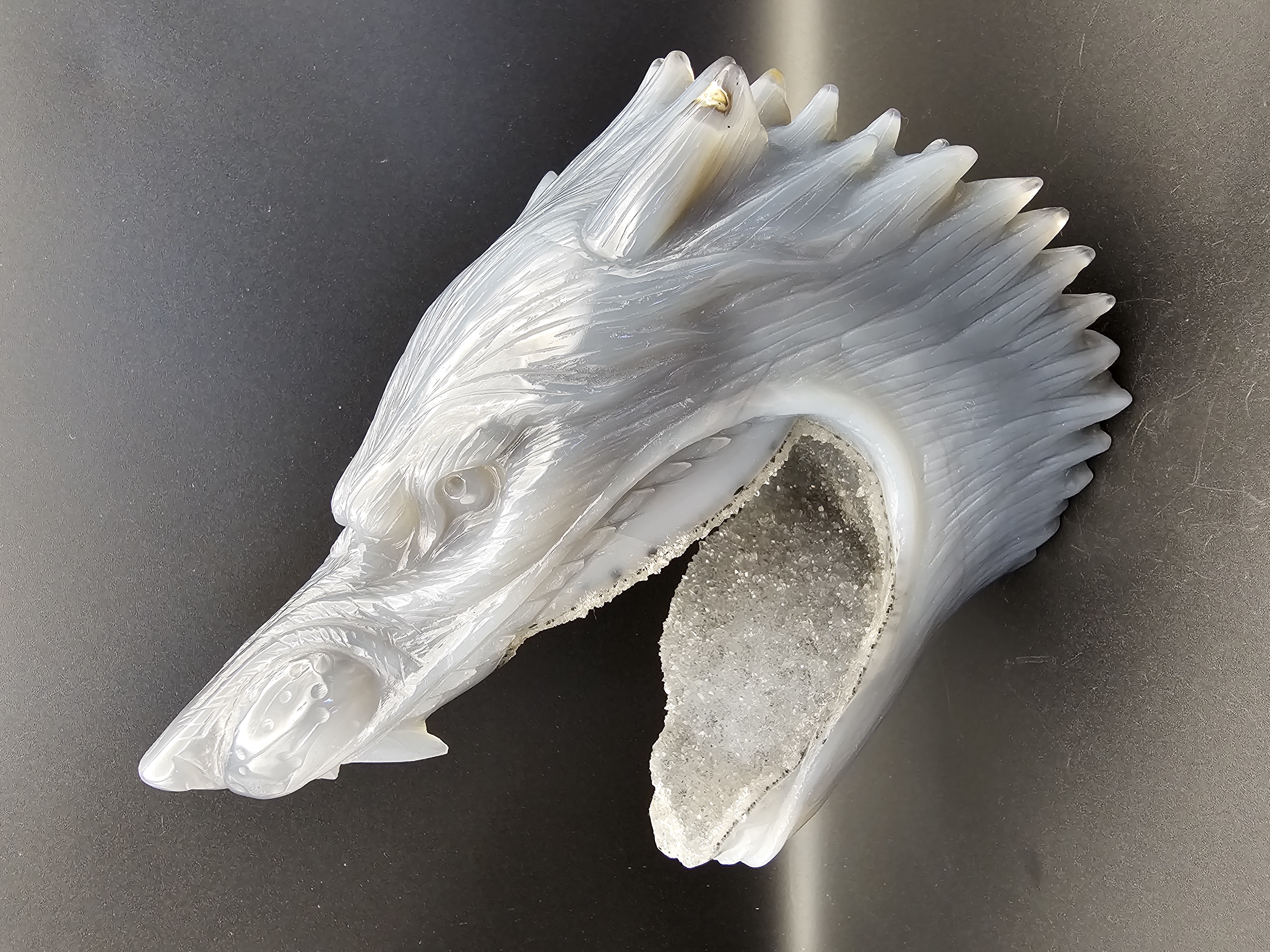 Large, Custom, Hand Carved, Solid Agate Crystal Wolf Head With Quartz Drusy Mouth 