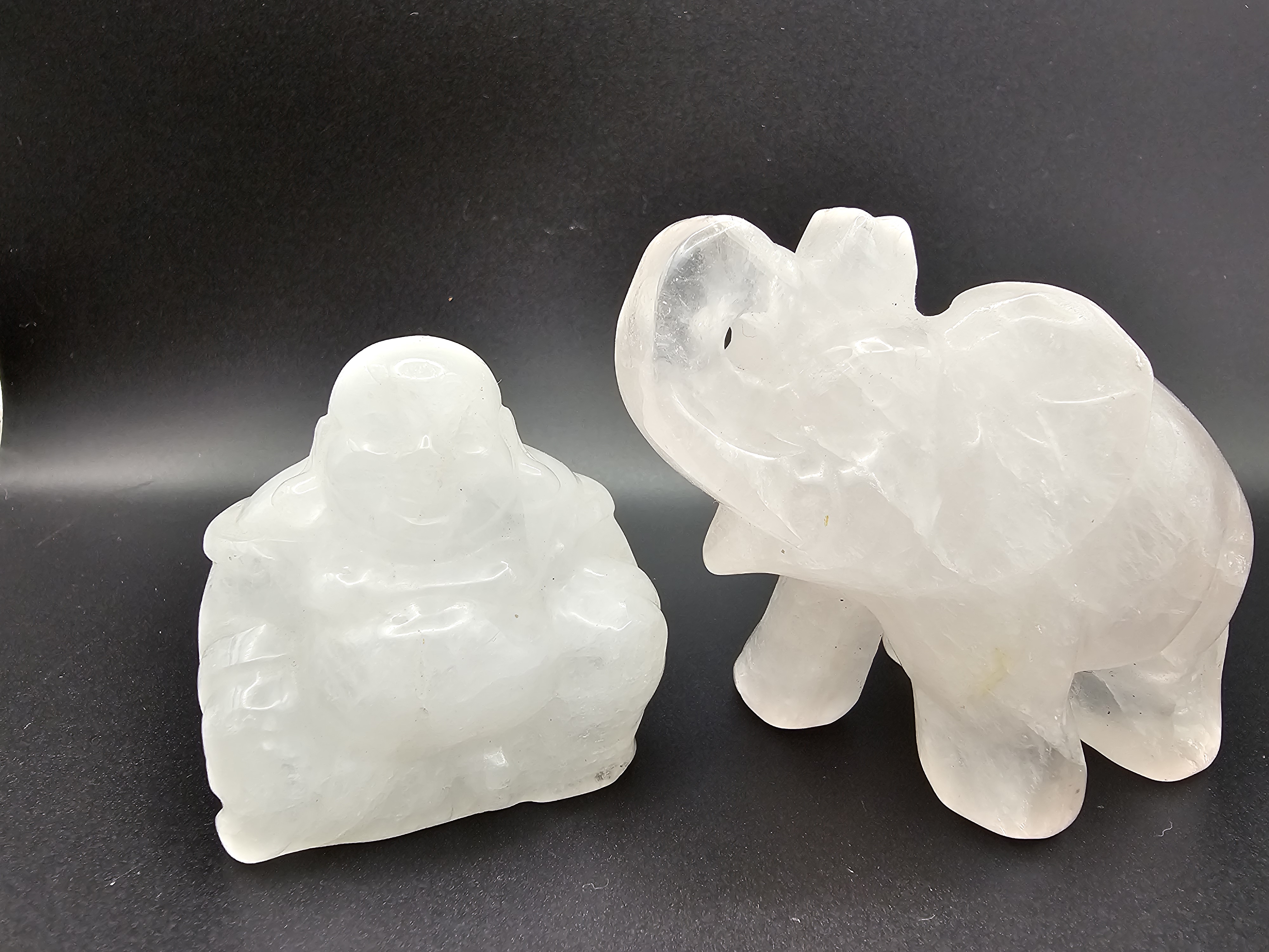 Clear Quartz Happy Buddha and a Rose Quartz Elephant set.