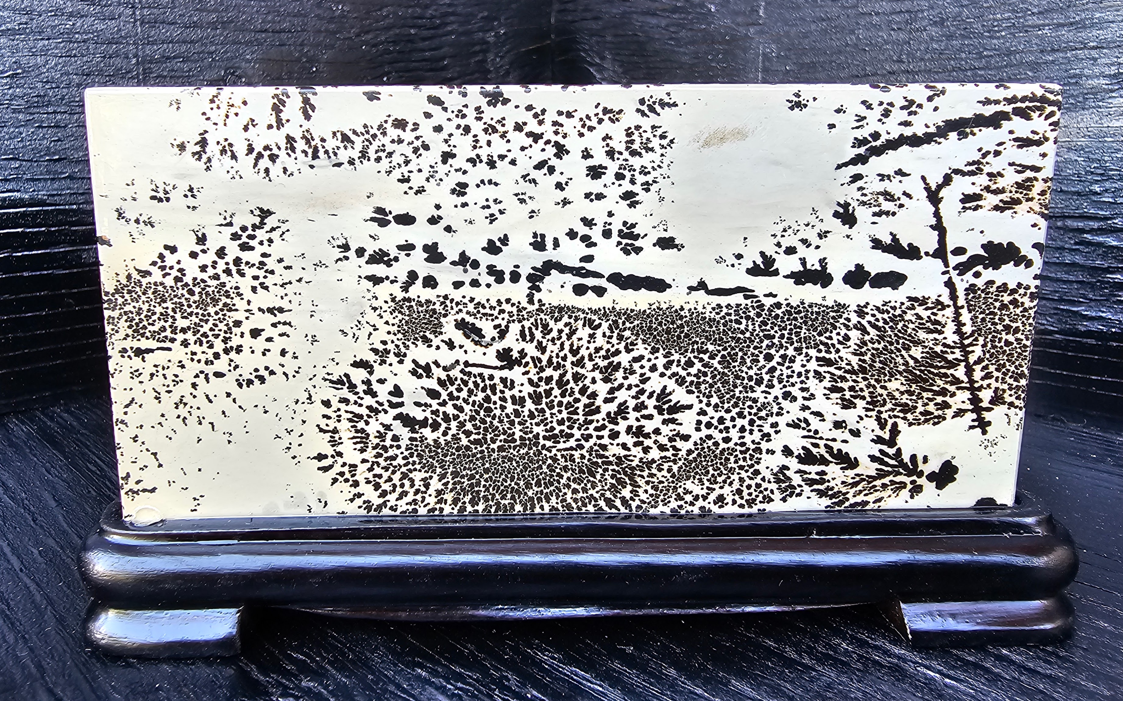 Polished Dendritic Stone Slab attached to solid wood base