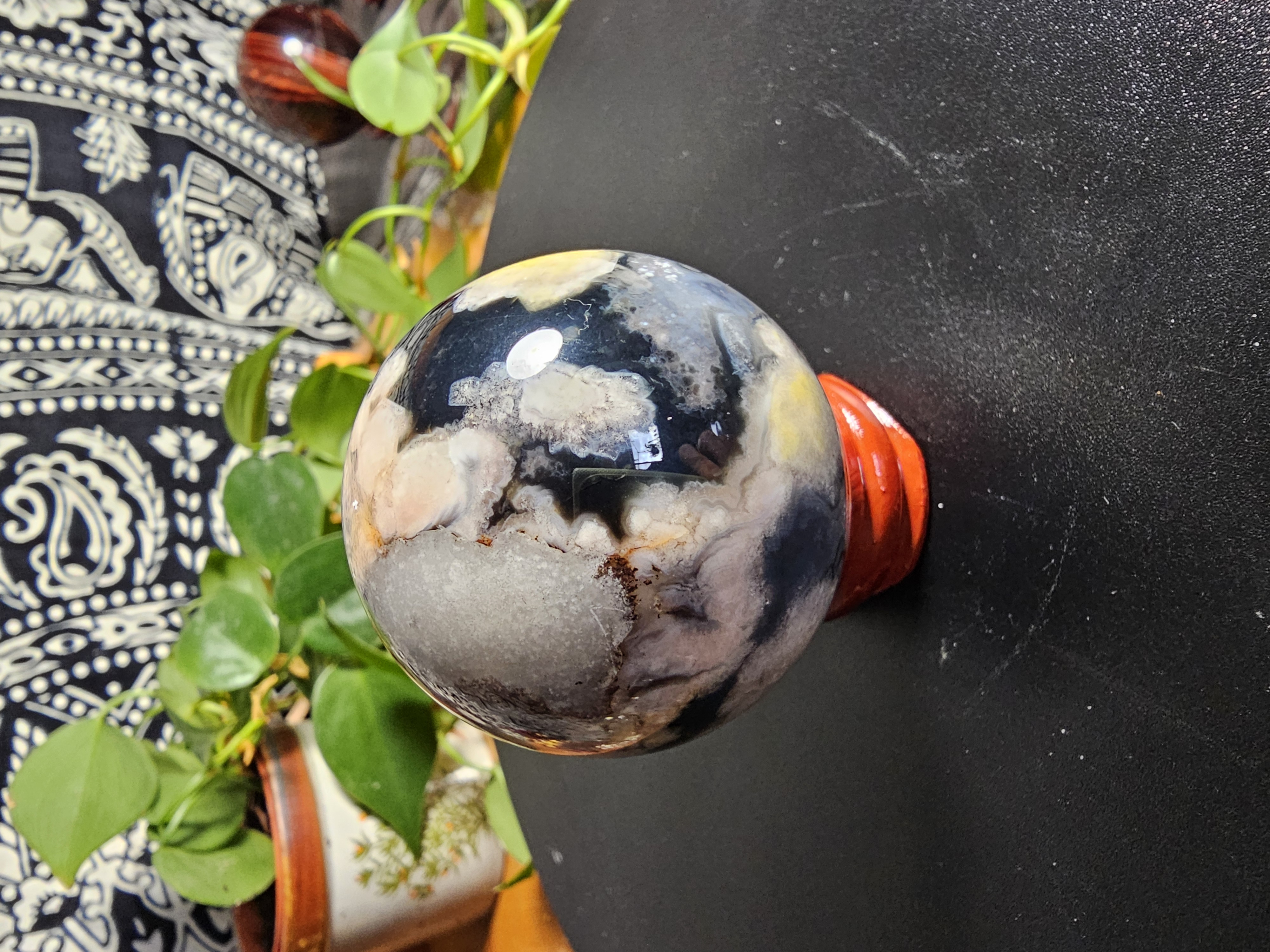 Perfect Black Flower Agate Sphere, Ideal Starter Size!
