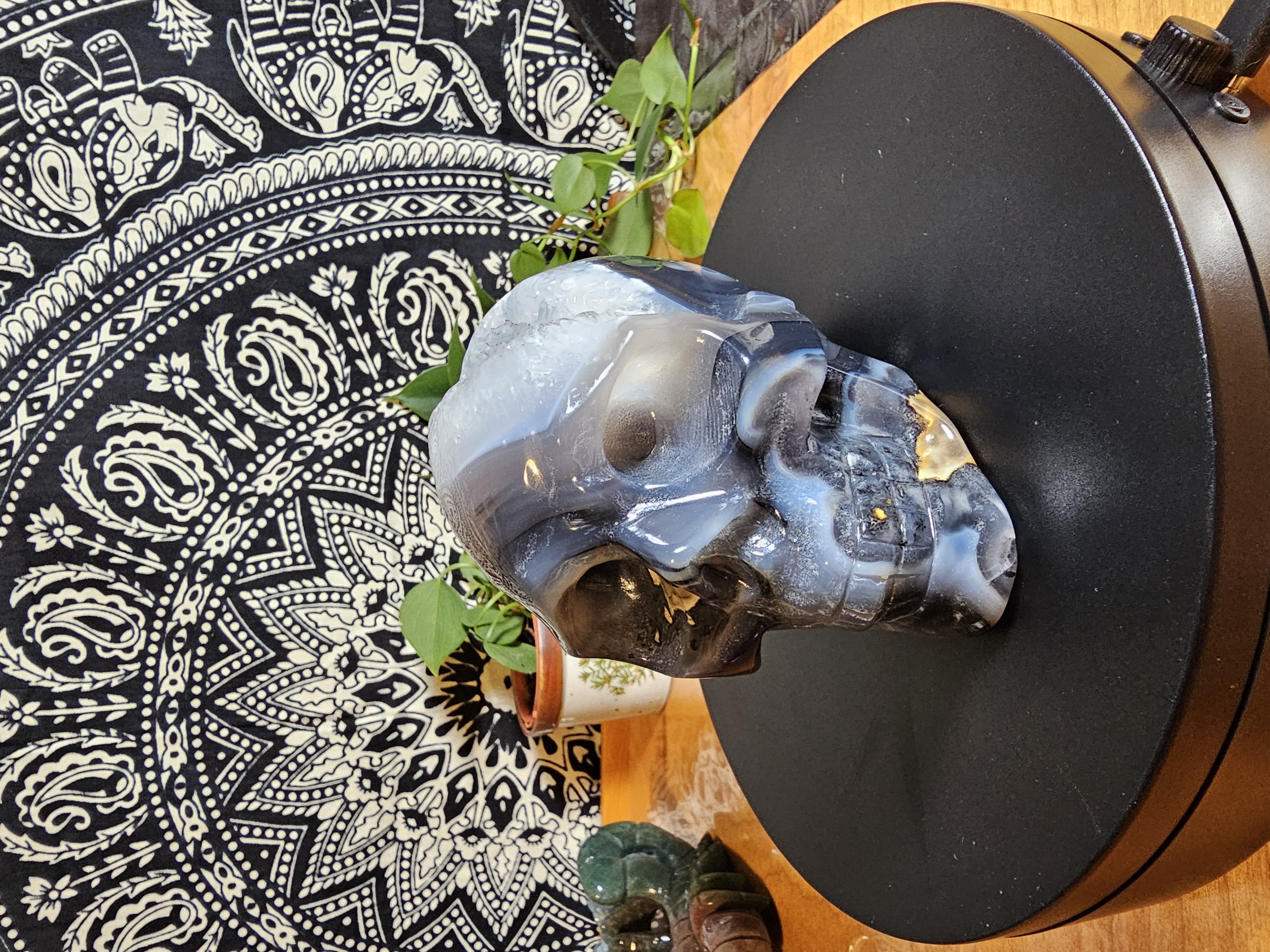 Absolutely Incredible UV Reactive Volcano Agate Skull With Quartz Drusy Pocket