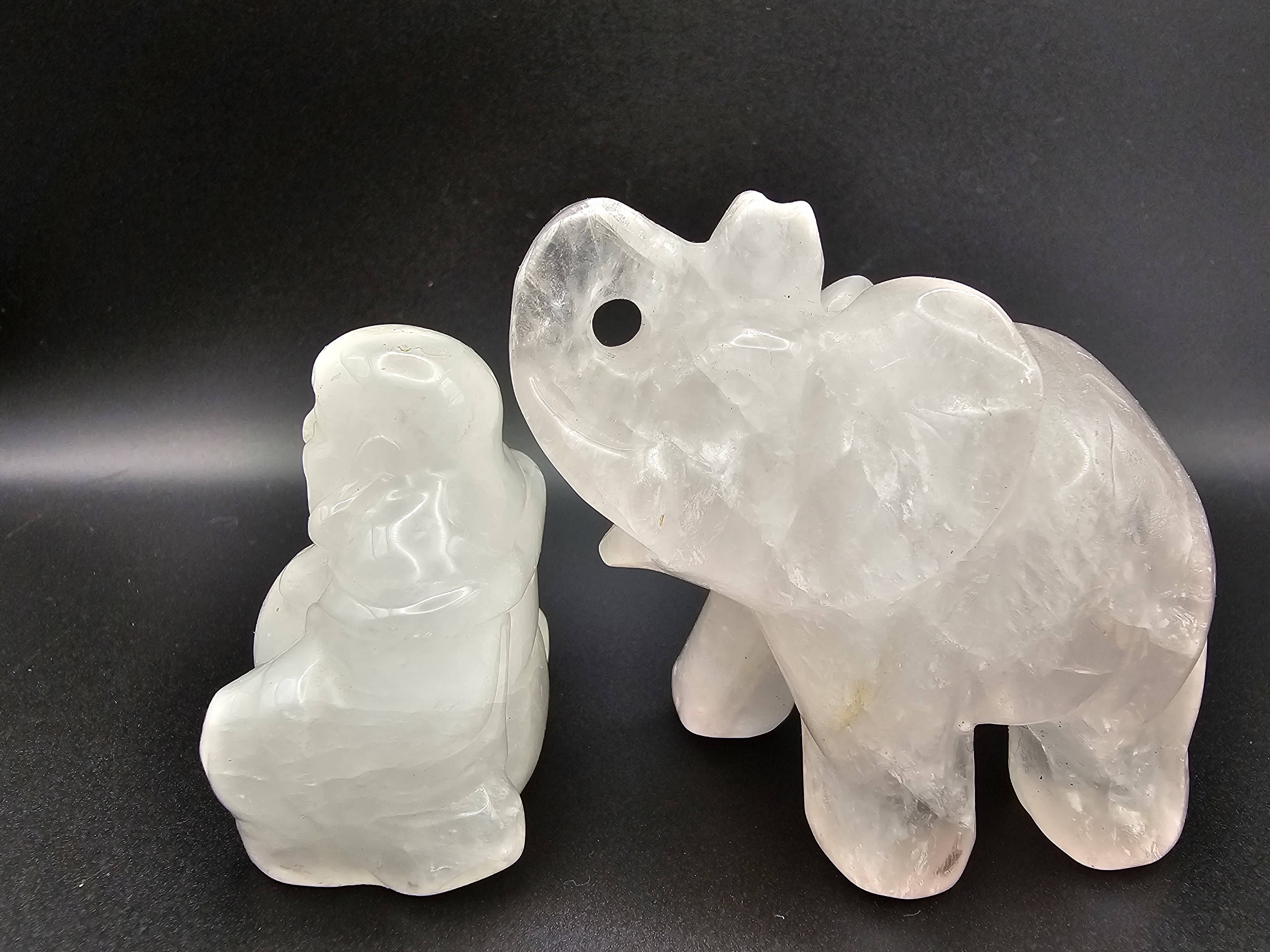 Clear Quartz Happy Buddha and a Rose Quartz Elephant set.