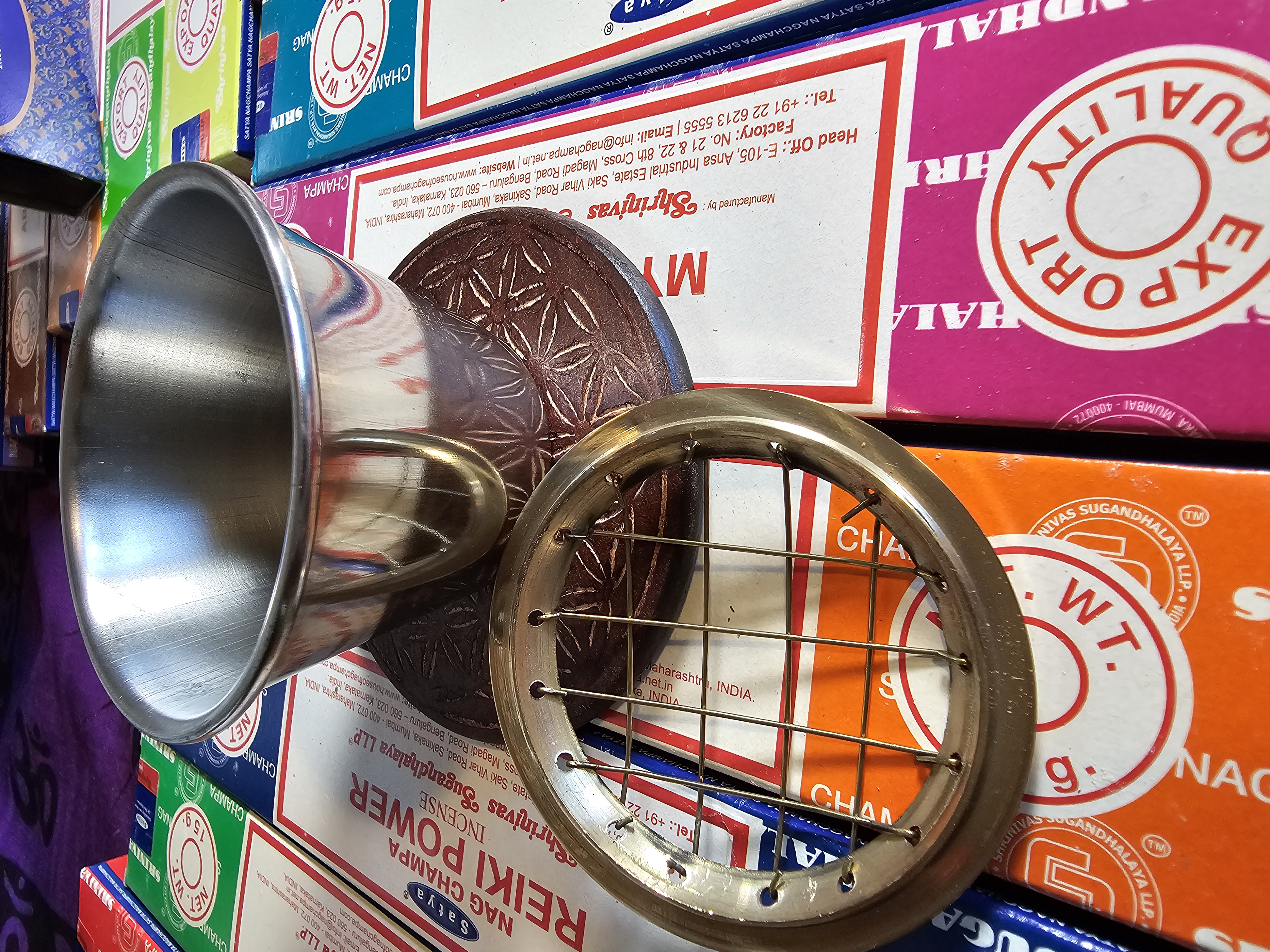 Brass and Steel Incense Burner with Decorative Wooden Coaster