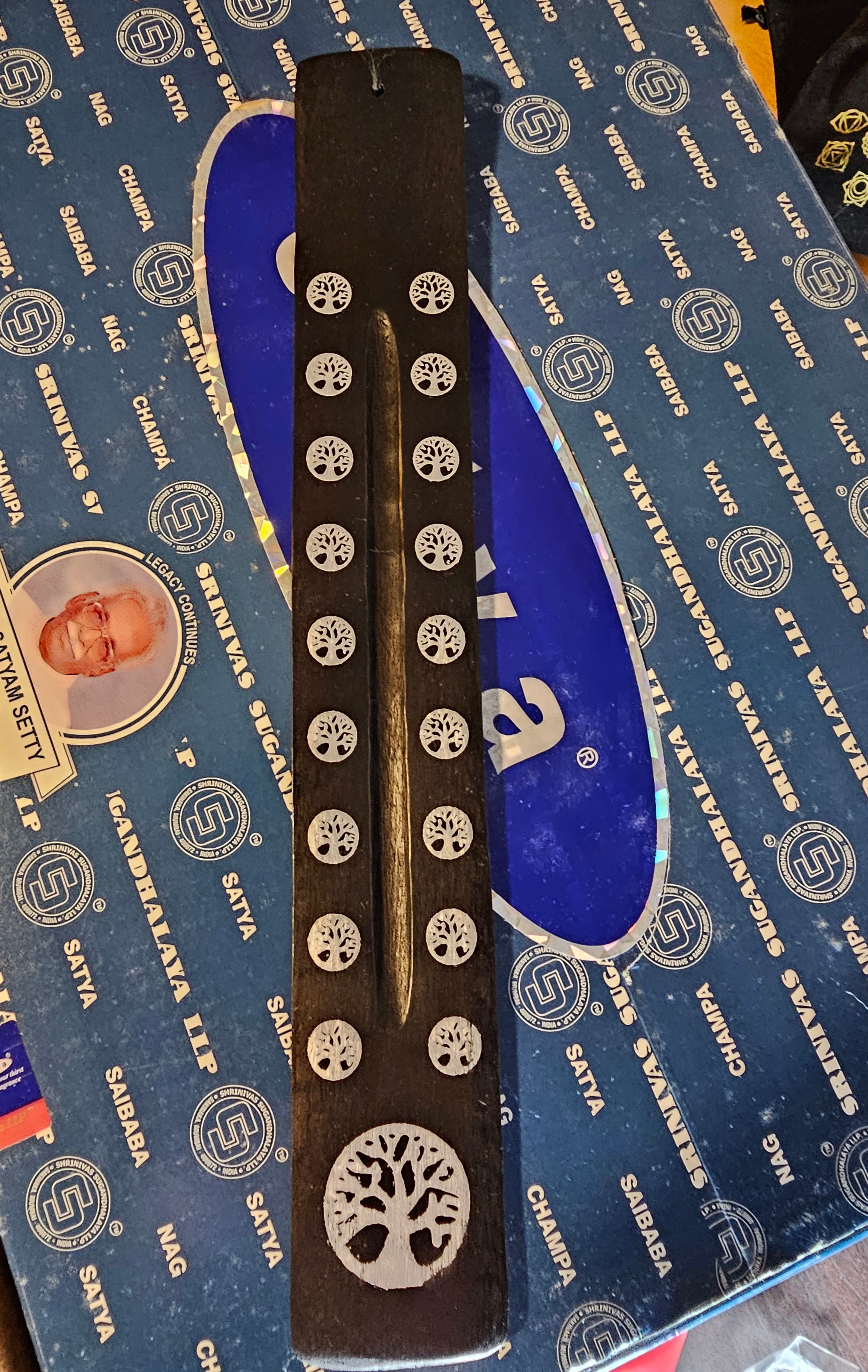 Tree of Life, painted, wooden boat style incense burner