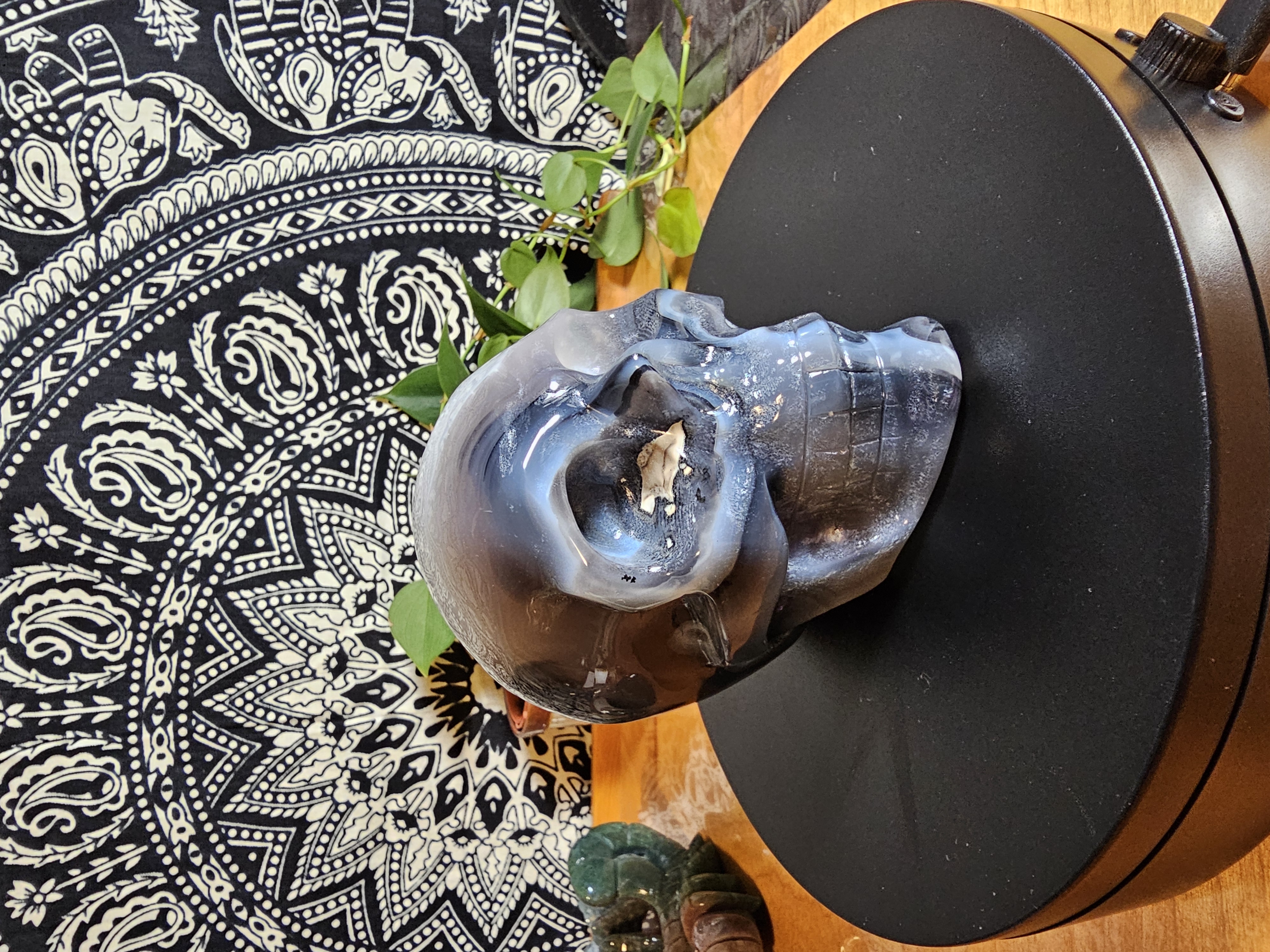 Absolutely Incredible UV Reactive Volcano Agate Skull With Quartz Drusy Pocket