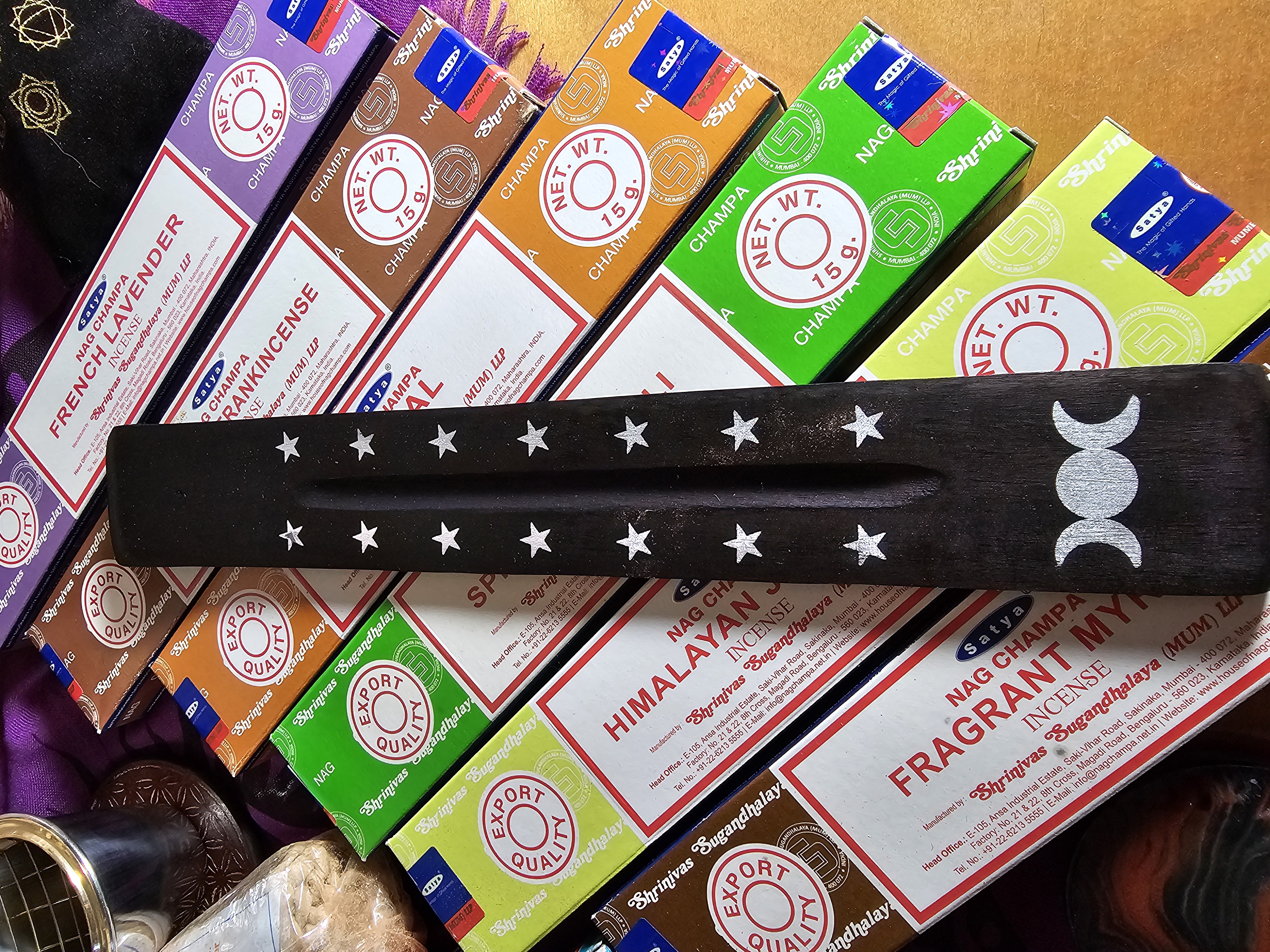 Tripple Moon, painted, wooden boat style incense burner