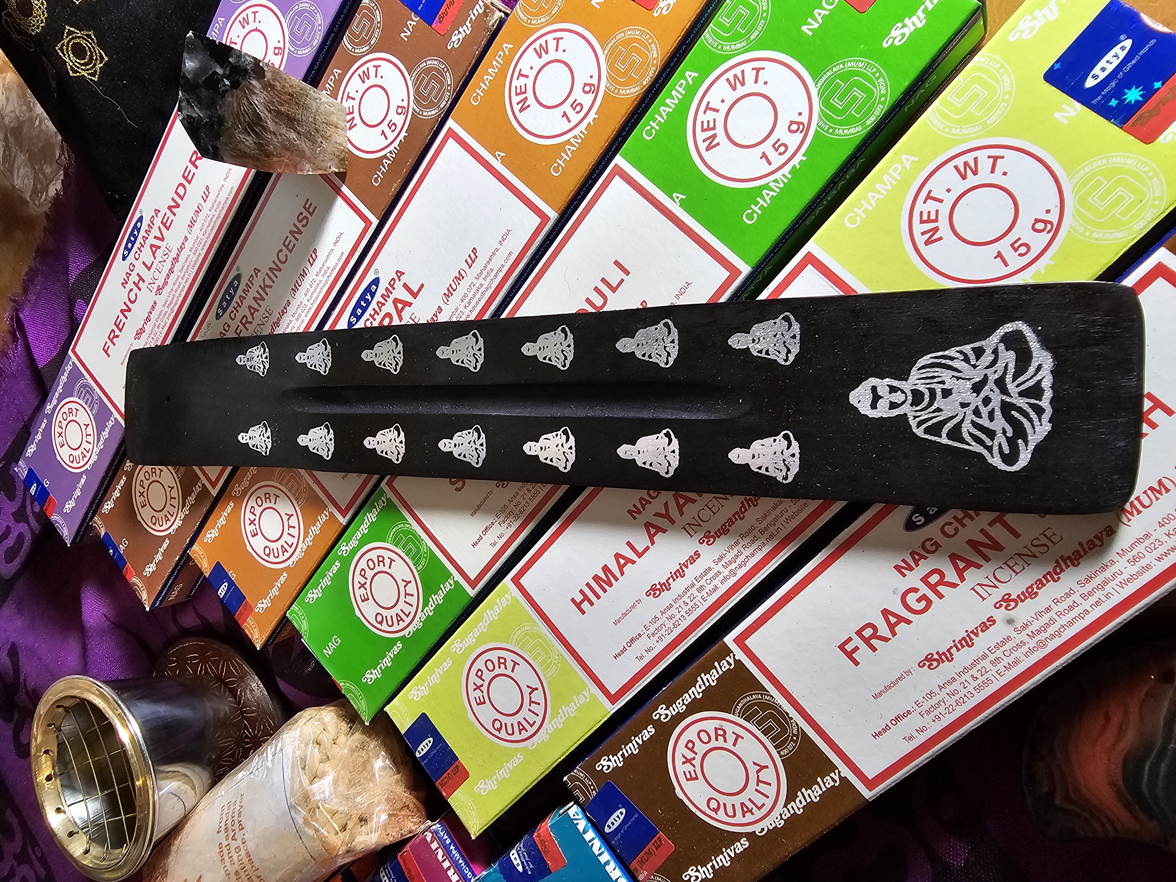 Buddha, painted, wooden boat style incense burner