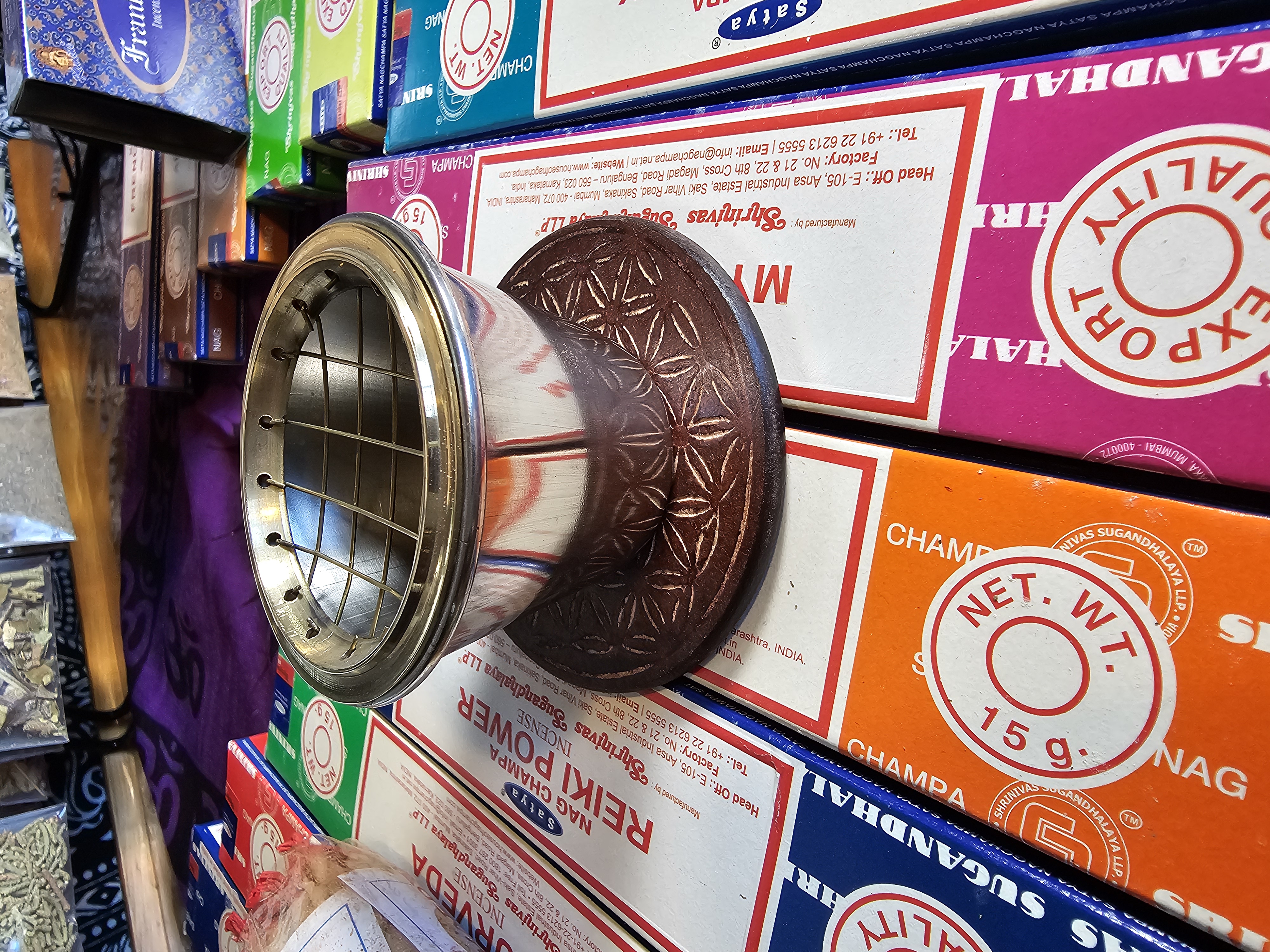 Brass and Steel Incense Burner with Decorative Wooden Coaster