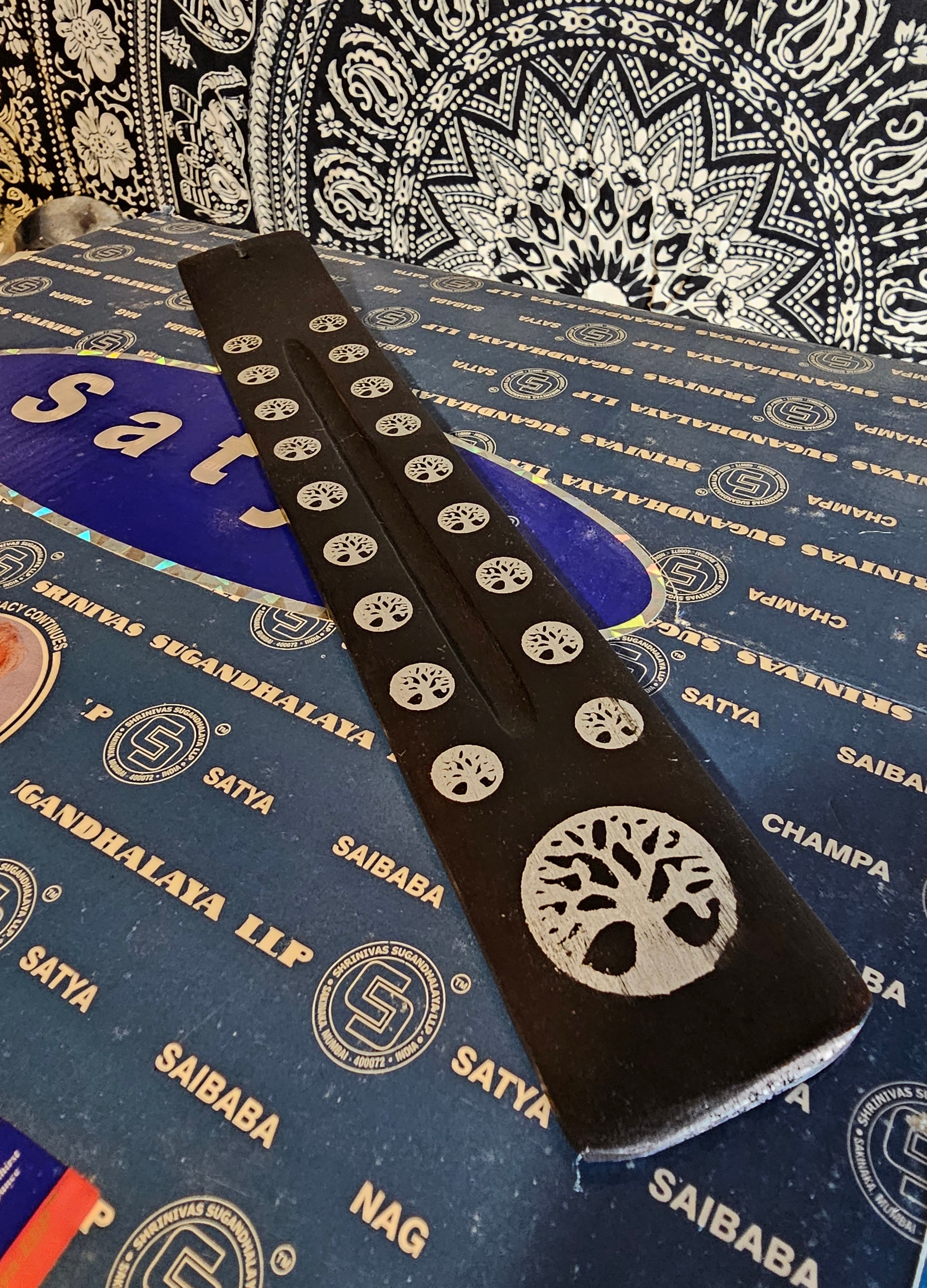 Tree of Life, painted, wooden boat style incense burner